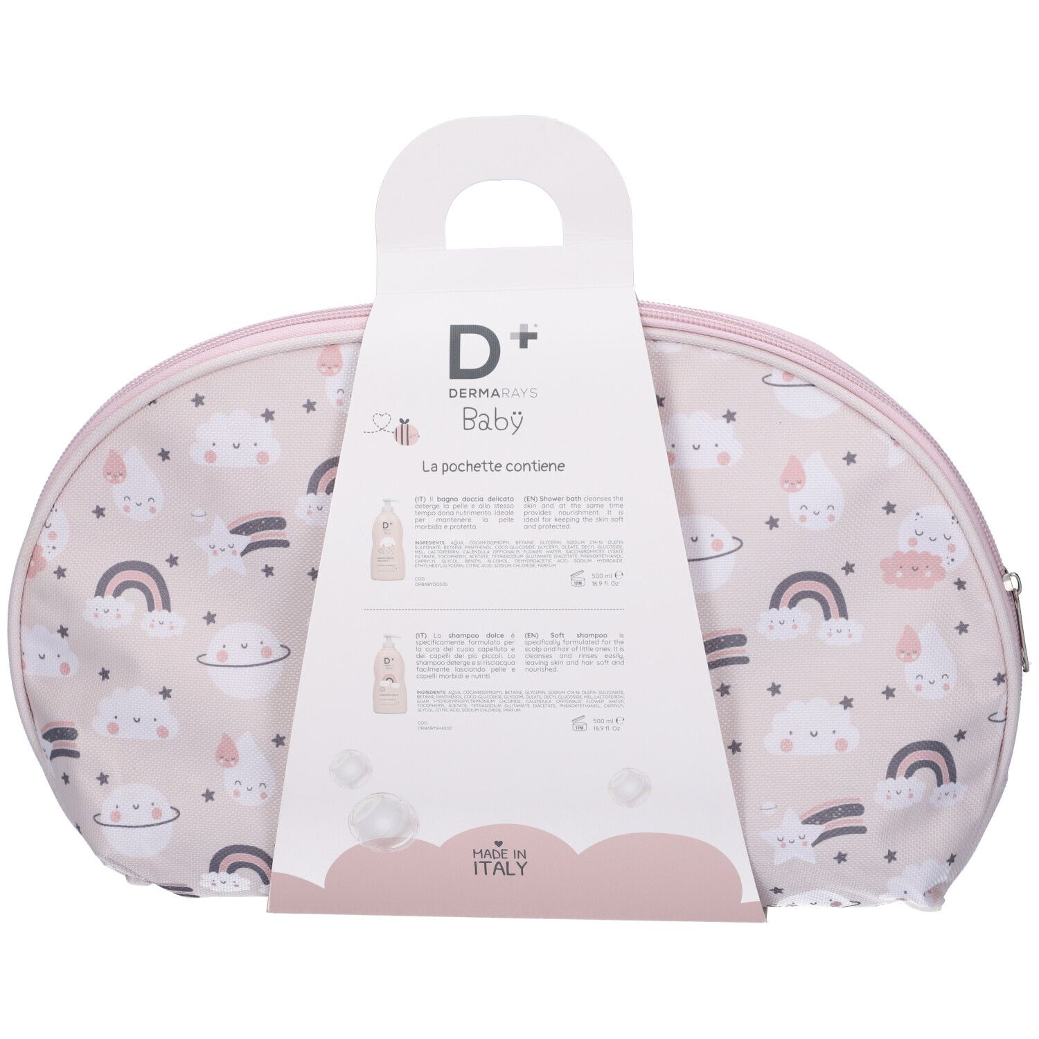 Pochette rosa con motivi baby, informazioni prodotto sulla confezione. "Dermarays Baby". Made in Italy.
