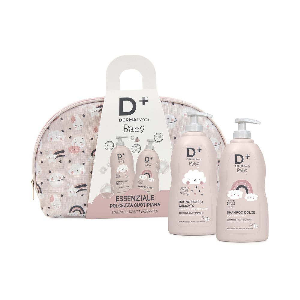 Pochette rosa con motivi baby, due flaconi e altri due sulla confezione. "Dermarays Baby".