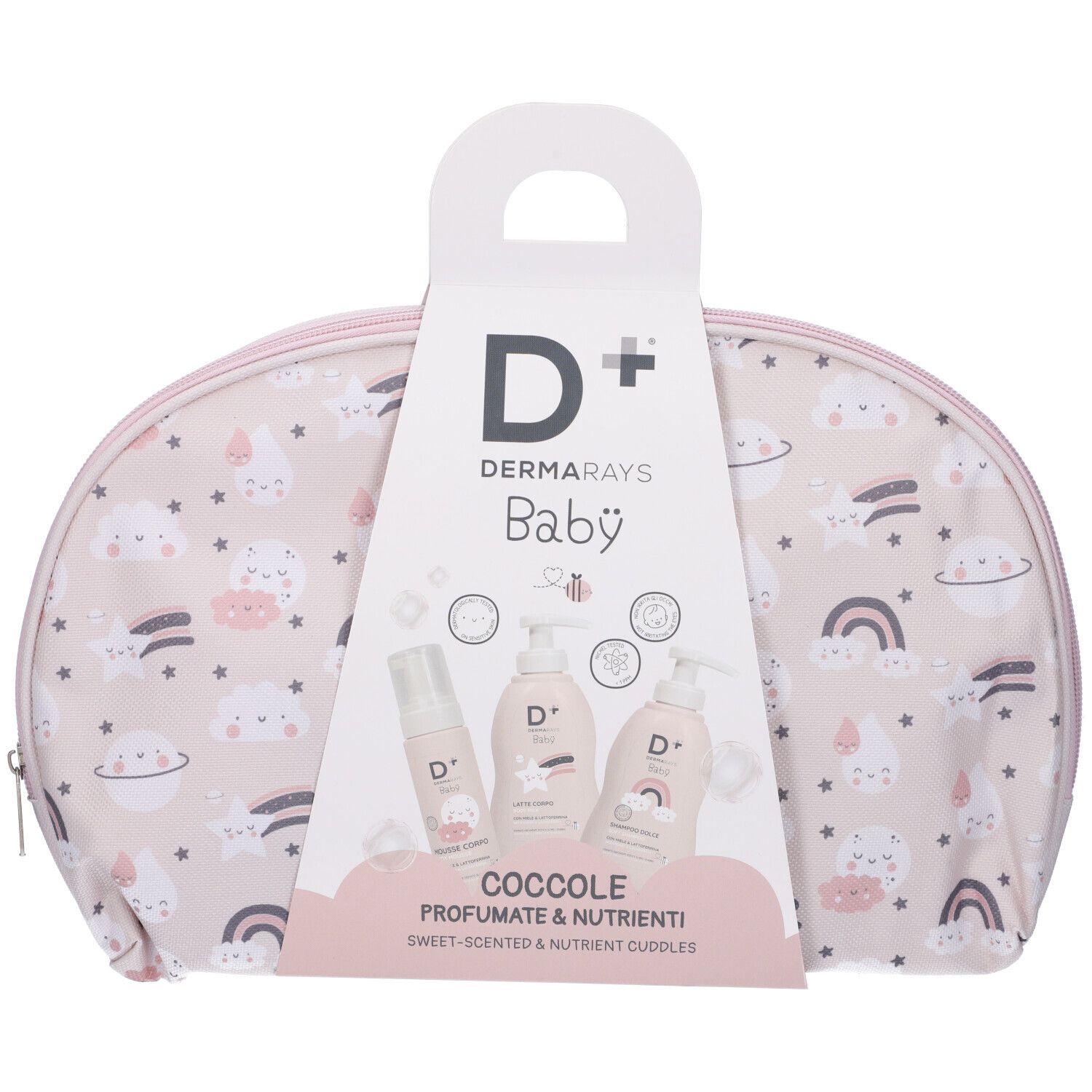 Pochette con prodotti per l'infanzia. Pochette rosa con fantasia nuvole e arcobaleni. Scritta: D+ Dermarays Baby, Coccole.