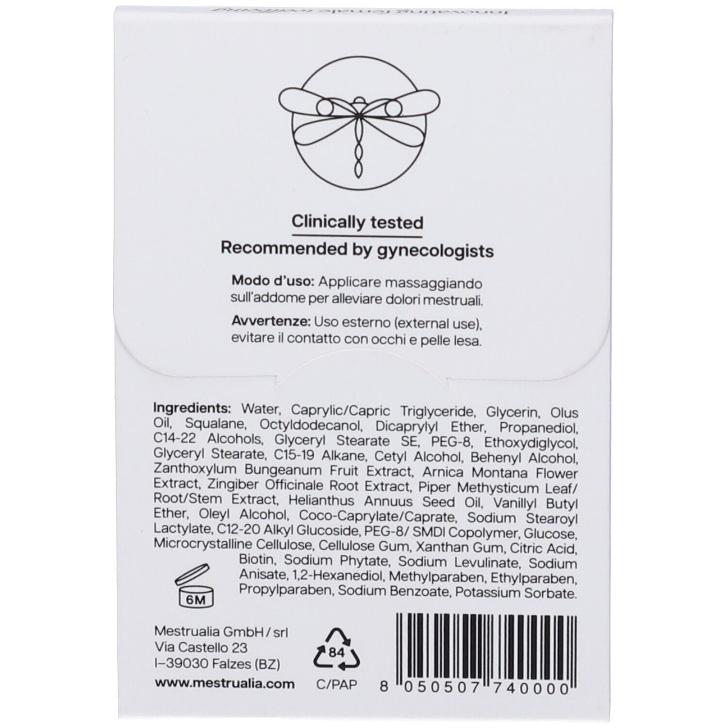 Retro della confezione. Testo: "Clinically tested", "Recommended by gynecologists". Sono indicati anche gli ingredienti e l'indirizzo del produttore.
