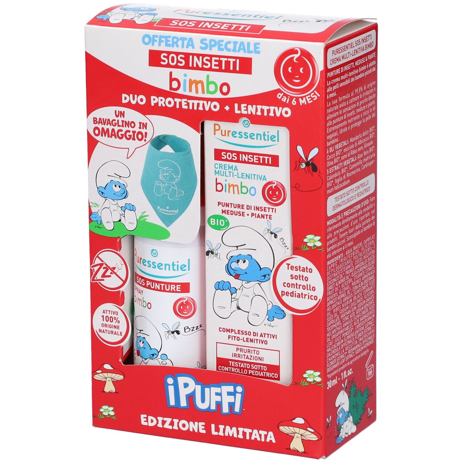 Puressentiel Set I Puffi SOS Punture Spray Bimbo + SOS Insetti Crema Mulit-Lenitiva Bimbo con Bavaglino in Omaggio