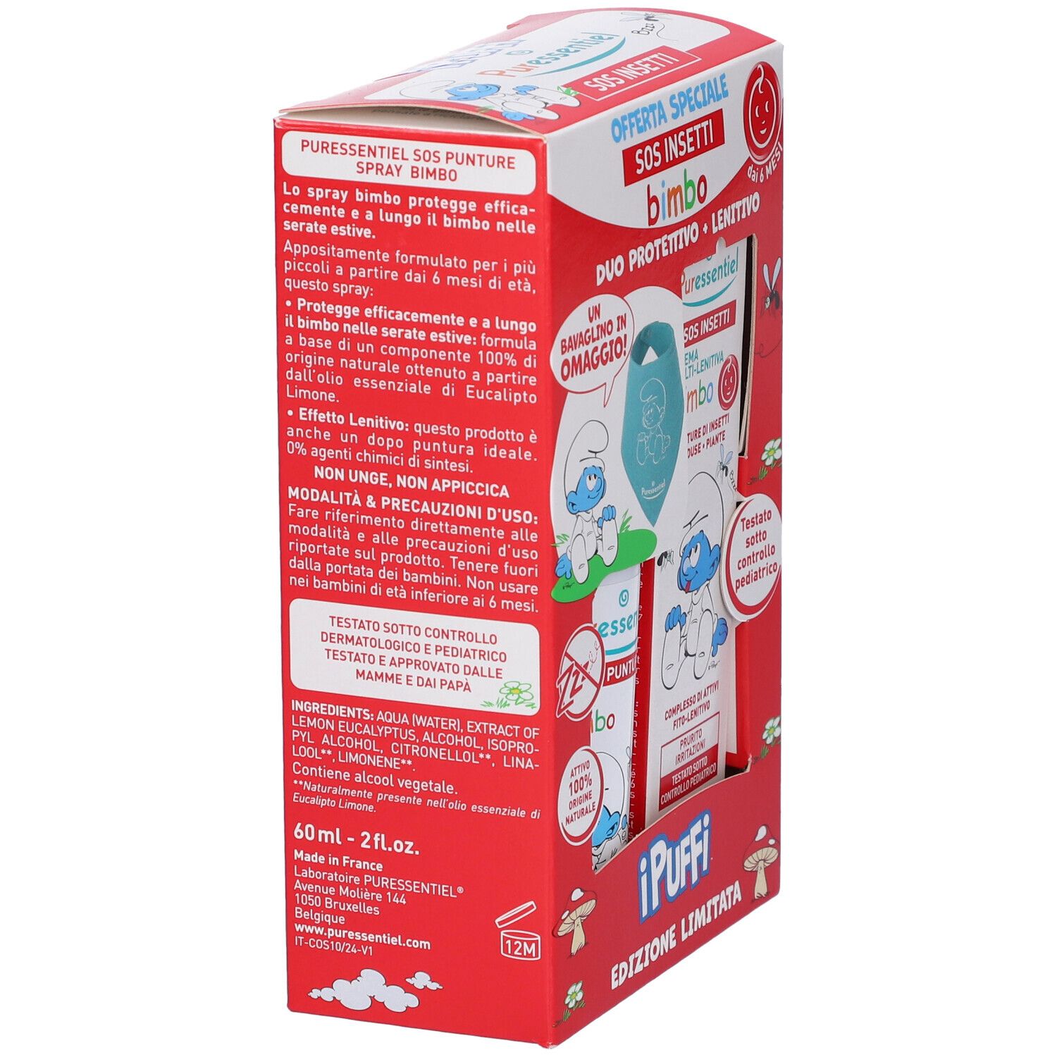 Puressentiel Set I Puffi SOS Punture Spray Bimbo + SOS Insetti Crema Mulit-Lenitiva Bimbo con Bavaglino in Omaggio