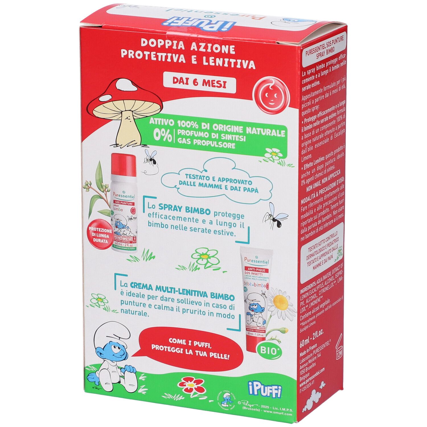 Puressentiel Set I Puffi SOS Punture Spray Bimbo + SOS Insetti Crema Mulit-Lenitiva Bimbo con Bavaglino in Omaggio