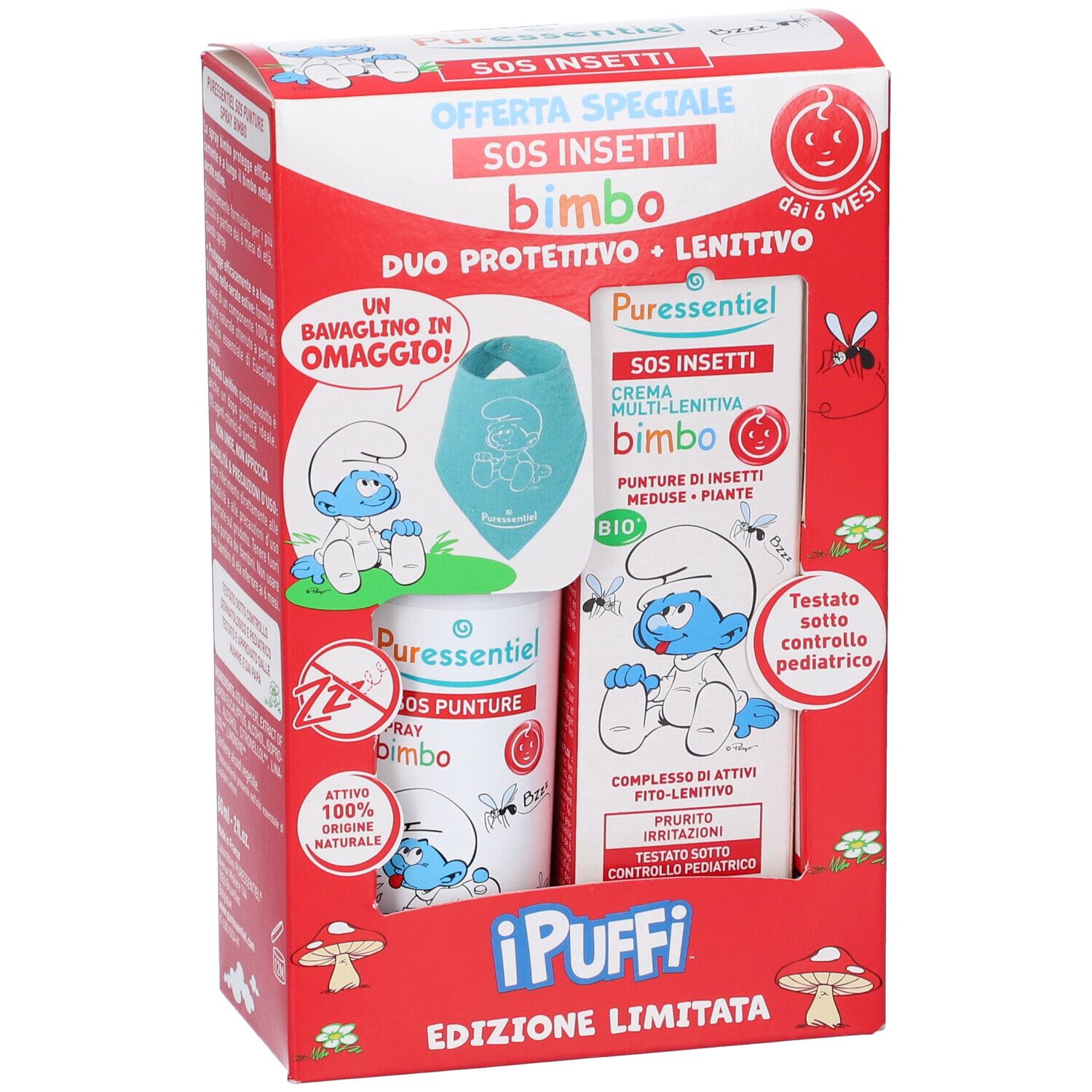 Puressentiel Set I Puffi SOS Punture Spray Bimbo + SOS Insetti Crema Mulit-Lenitiva Bimbo con Bavaglino in Omaggio