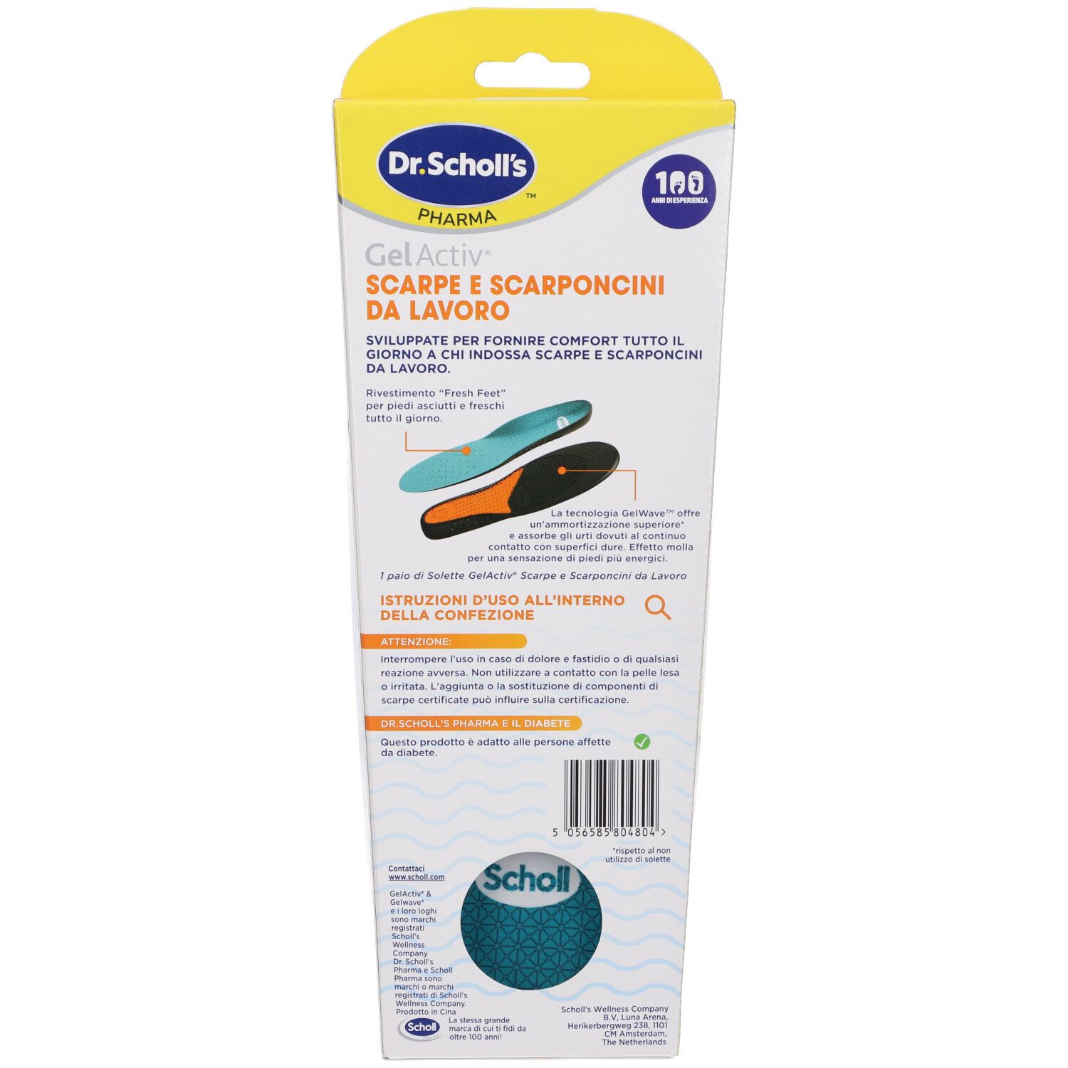 Retro della confezione delle solette Dr. Scholl's GelActiv. Testo e illustrazione del prodotto.