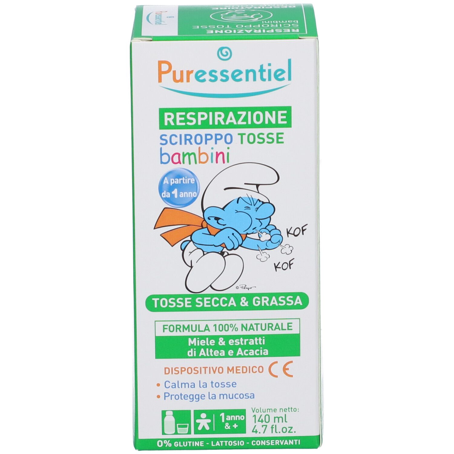 Confezione del prodotto. Confezione con nome del prodotto, illustrazione di Puffo e testo. Marchio dispositivo medico.