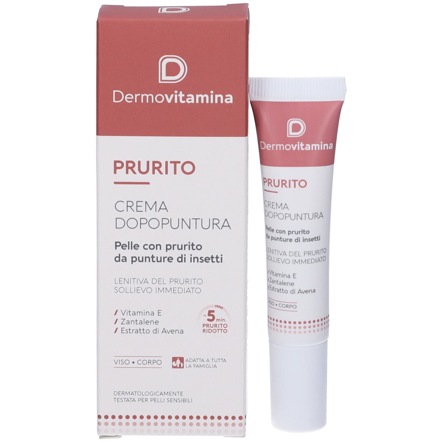 Confezione del prodotto e tubo di crema. Confezione: rosa e bianca. Testo: Prurito, Crema Dopopuntura. Contiene vitamina E ed estratto di avena. Tubo accanto.