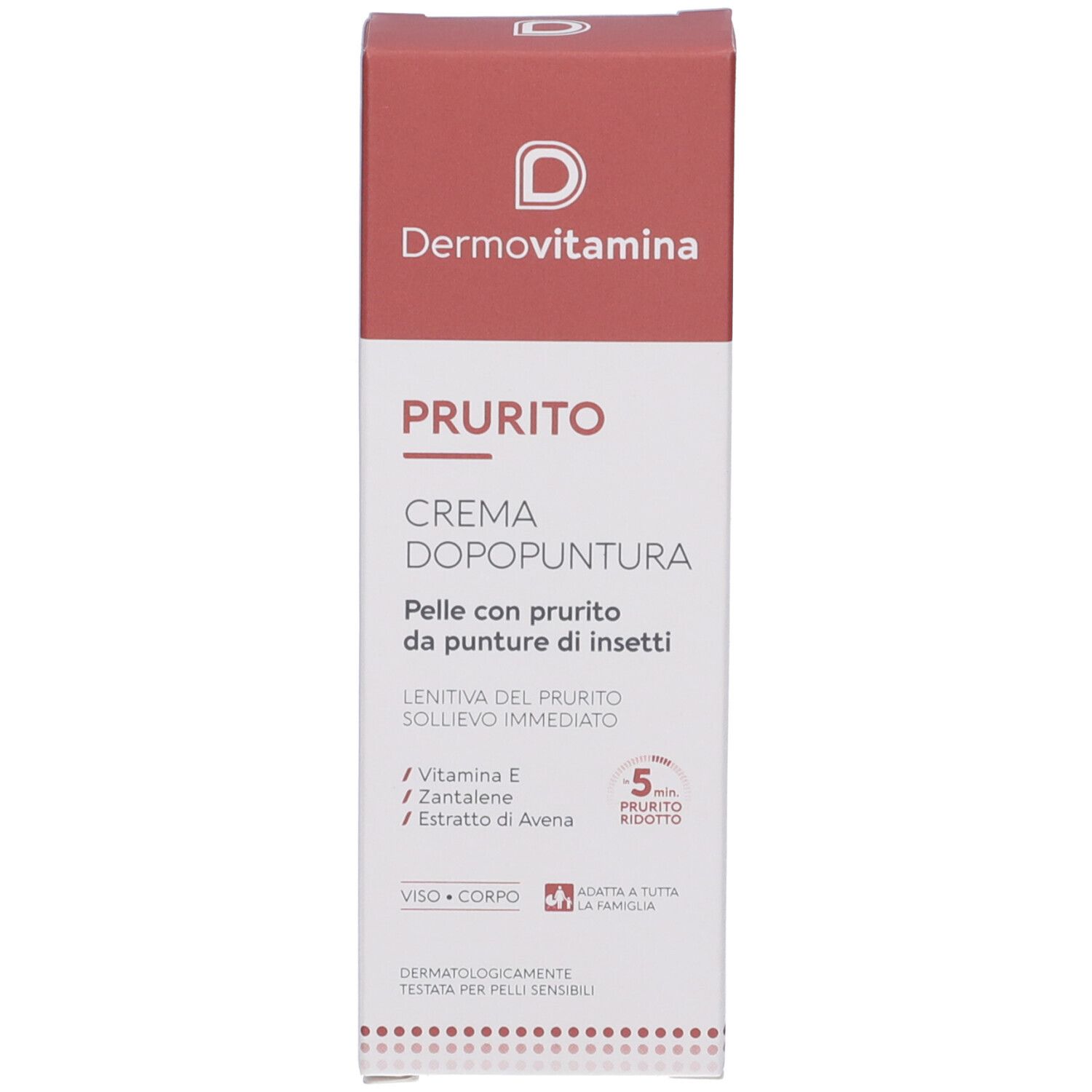 Confezione del prodotto. Colori rosa e bianco. Testo: Prurito, Crema Dopopuntura. Contiene vitamina E ed estratto di avena. Dermatologicamente testato.