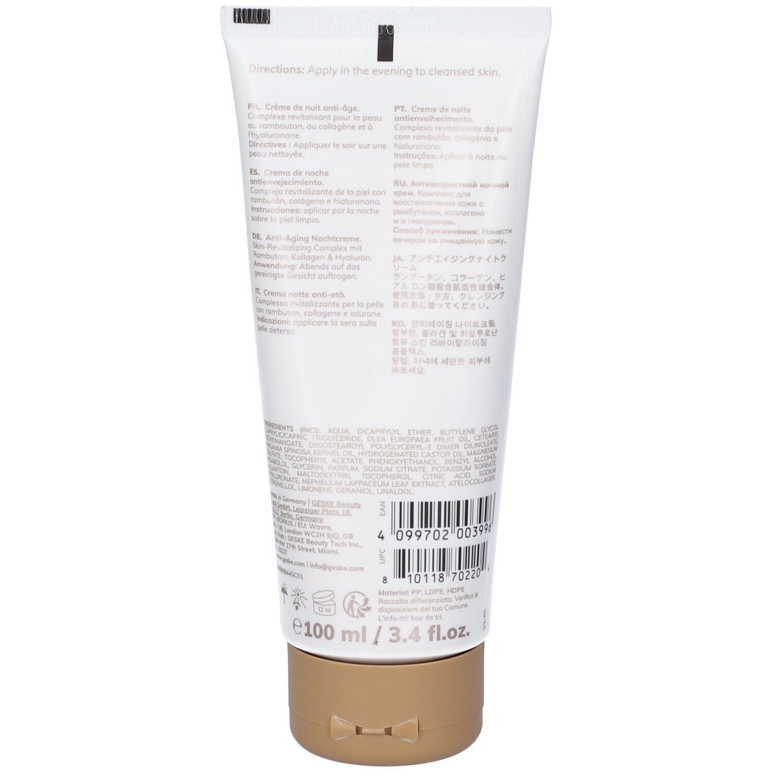 Retro del tubo GESKE Anti-Aging Night Cream. Testo e codice a barre. Tappo dorato. Volume: 100 ml.