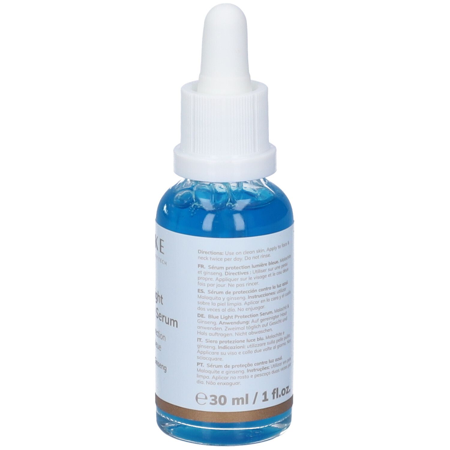 Vista posteriore di un flacone di siero blu con tappo e pipetta bianchi. Scritta: GESKE, Blue Light Protection Serum. Testo multilingue.