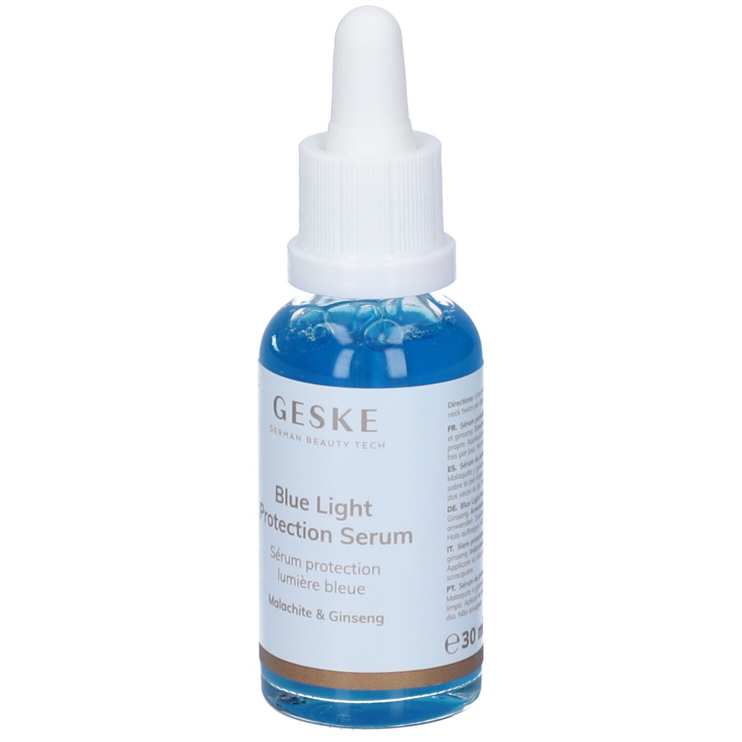 Flacone di siero blu con tappo e pipetta bianchi. Scritta: GESKE, Blue Light Protection Serum. Contiene malachite e ginseng. 30 ml.