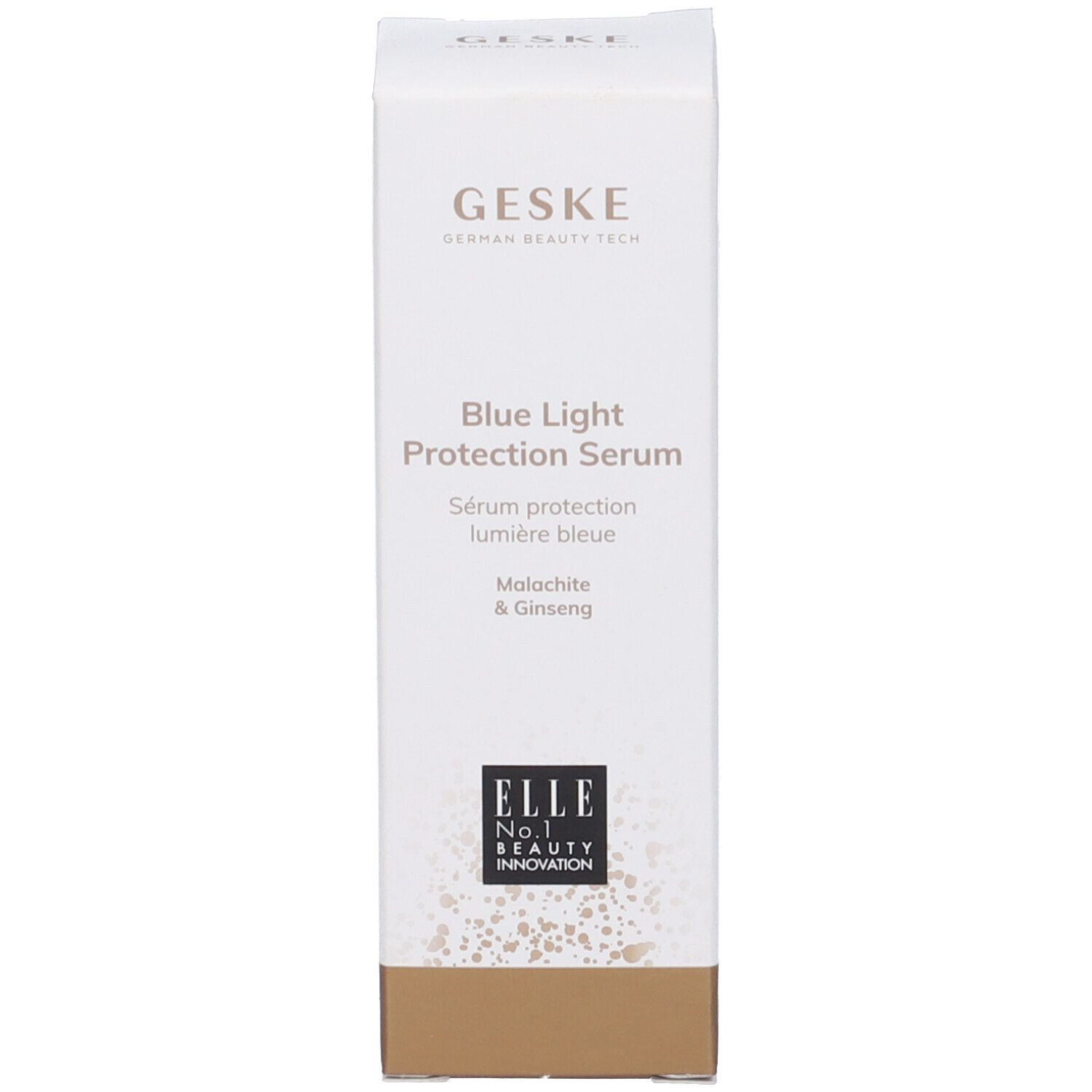 Confezione del prodotto. Scritta: GESKE, Blue Light Protection Serum. Contiene malachite e ginseng. Premio: ELLE.