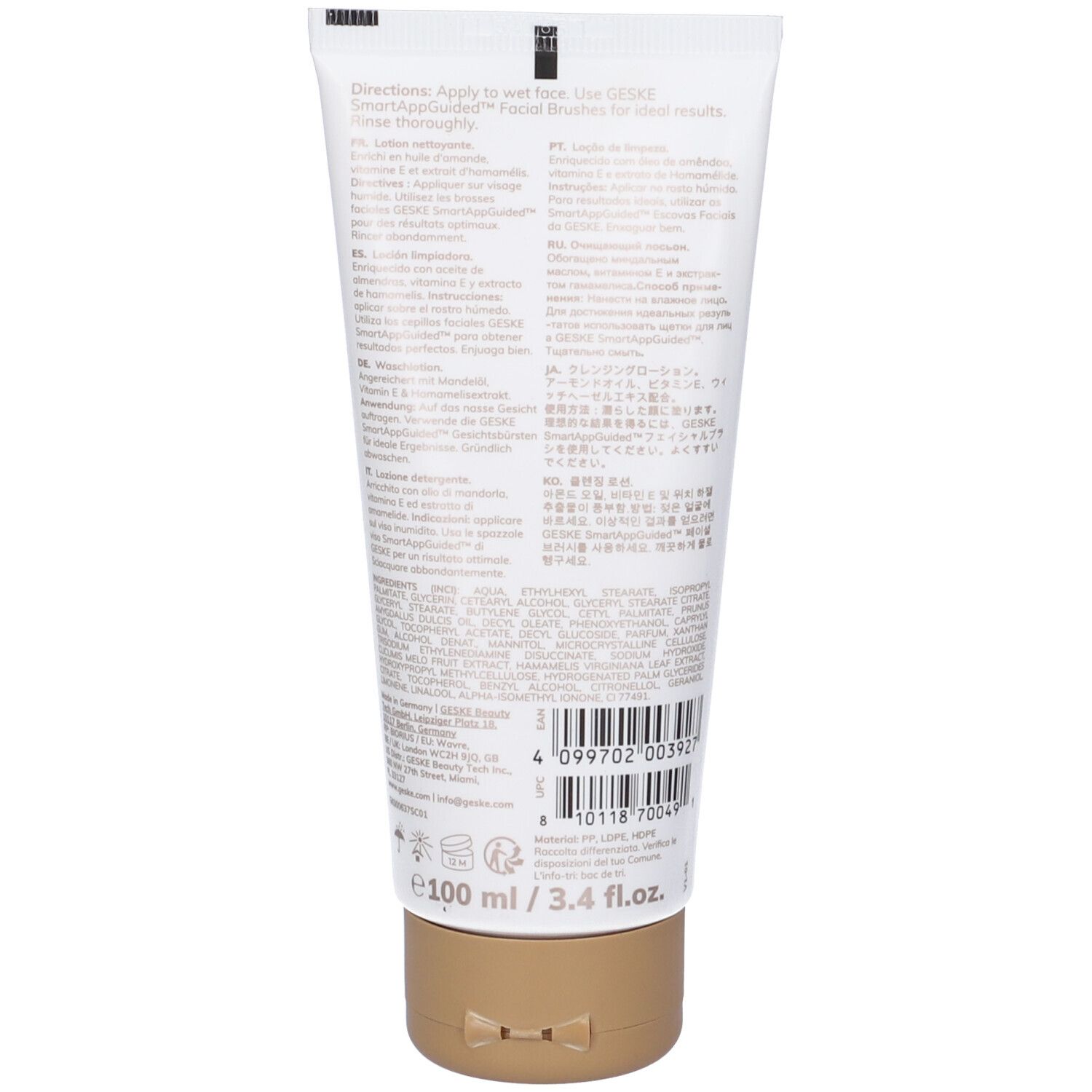 Retro di un tubo bianco con tappo dorato. Testo multilingue. In basso: 100 ml / 3.4 fl.oz. Codice a barre e altre informazioni.