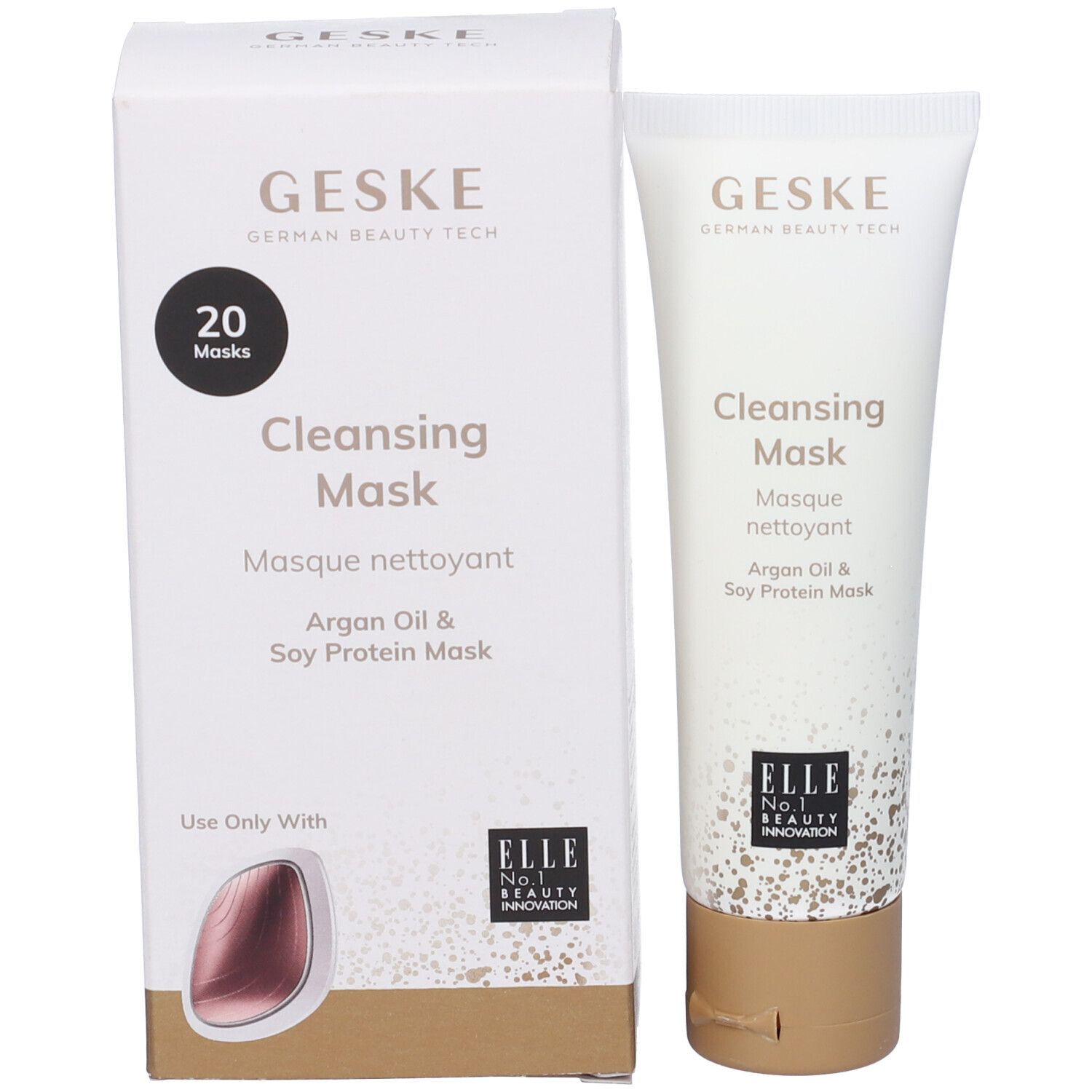 Confezione e tubo. Confezione: bianca, scritta: GESKE, 20 Masks, Cleansing Mask. Tubo: bianco, tappo marrone.