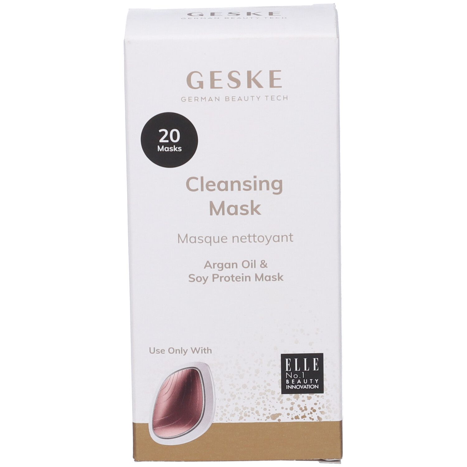 Confezione bianca. Scritta: GESKE, 20 Masks, Cleansing Mask, Argan Oil & Soy Protein Mask. Menzione ELLE.