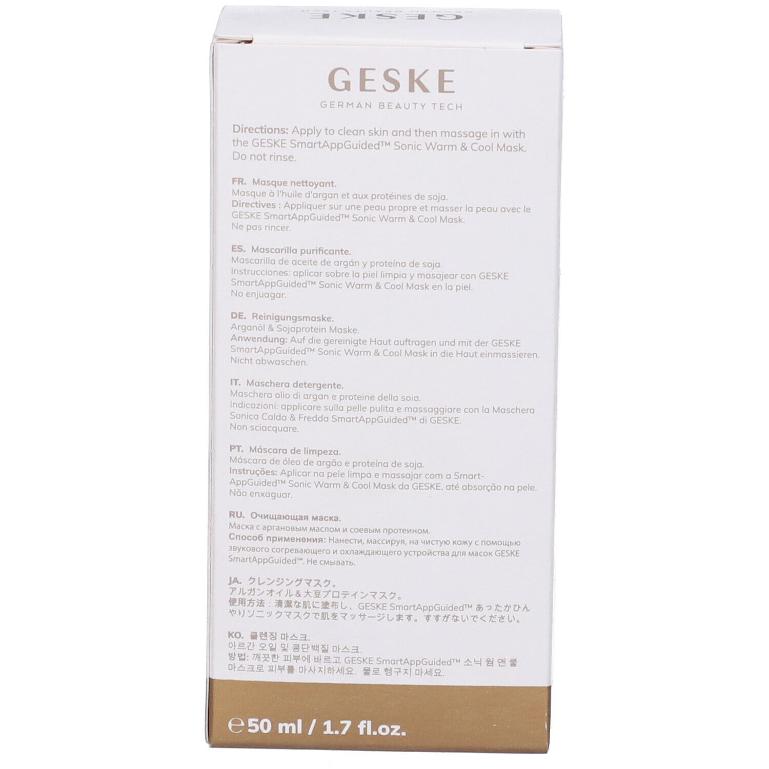 Retro della confezione. Testo multilingue. Scritta: GESKE, 50 ml / 1.7 fl.oz.