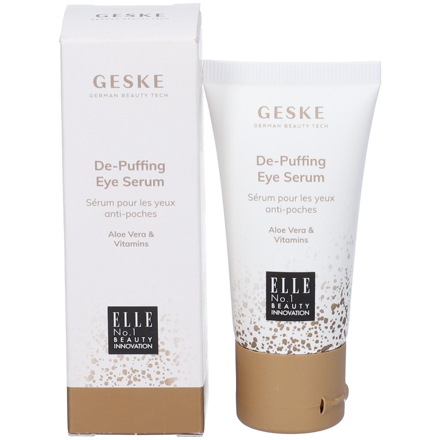 Confezione: tubo e scatola. Scritte: GESKE, De-Puffing Eye Serum, Aloe Vera & Vitamins. Logo ELLE.
