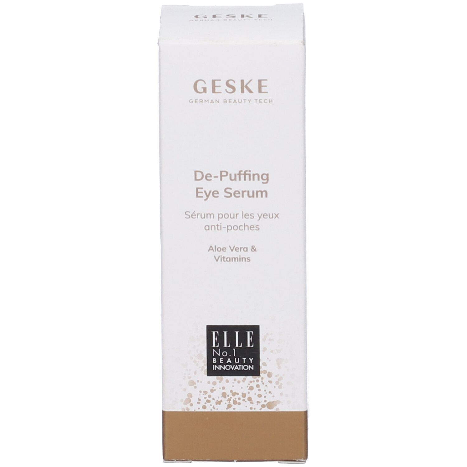 Scatola bianca, base marrone. Scritte: GESKE, De-Puffing Eye Serum, Aloe Vera & Vitamins. Logo ELLE.