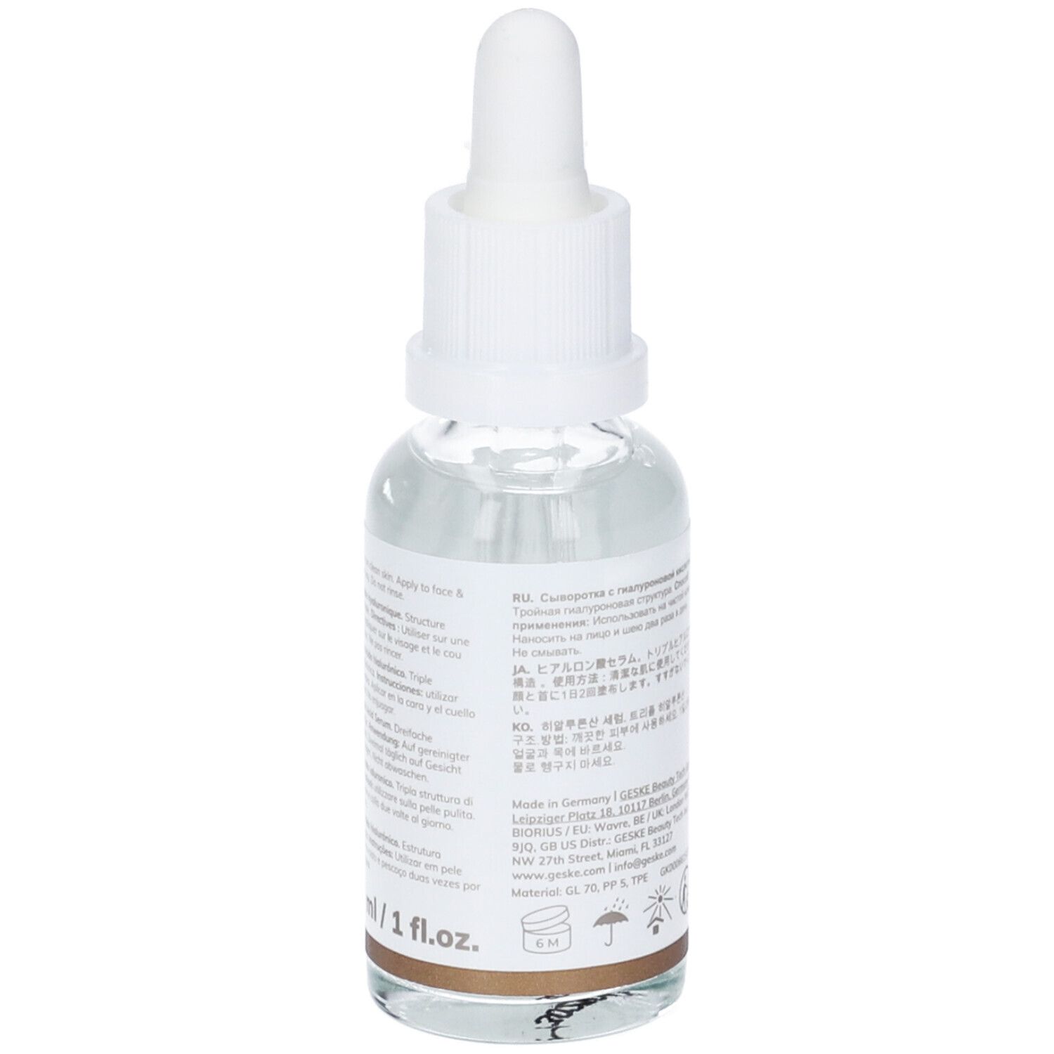 Siero all'acido ialuronico Geske. Flacone in vetro con etichetta di testo. Anello marrone alla base. Tappo bianco con pipetta. Testo multilingue.