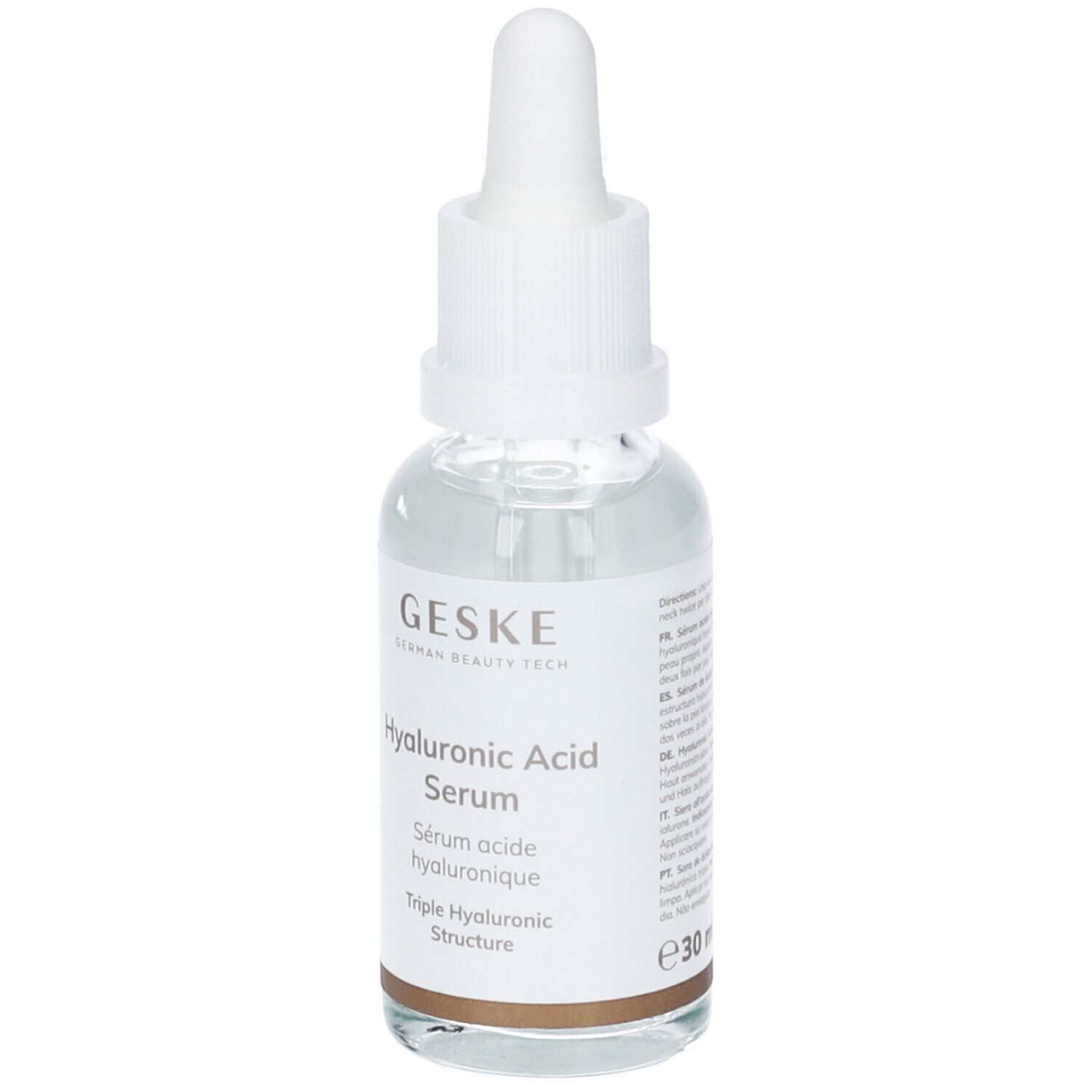 Siero all'acido ialuronico Geske. Flacone in vetro con etichetta di testo. Anello marrone alla base. Tappo bianco con pipetta. Nome del prodotto visibile.