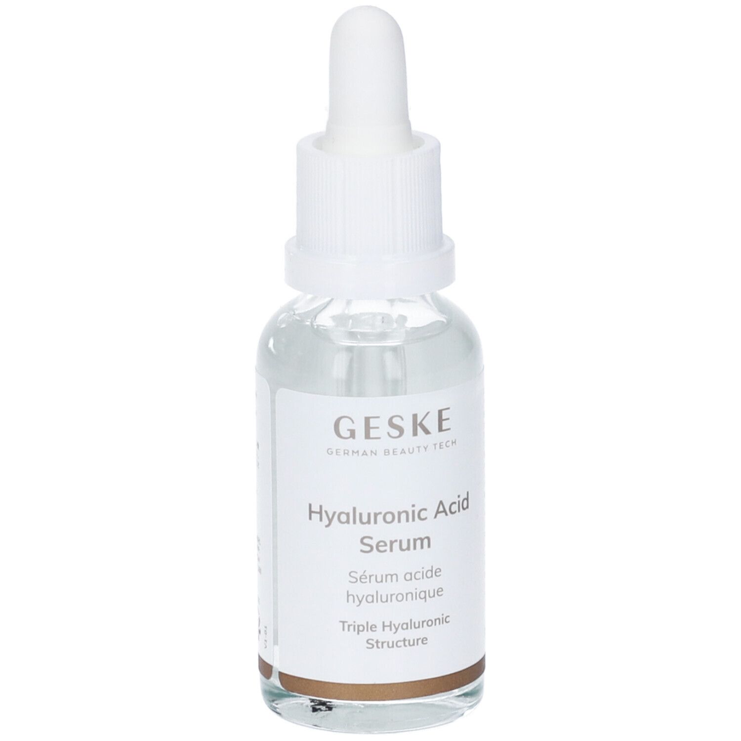 Siero all'acido ialuronico Geske. Flacone in vetro con etichetta di testo. Anello marrone alla base. Tappo bianco con pipetta. Nome e marchio visibili.