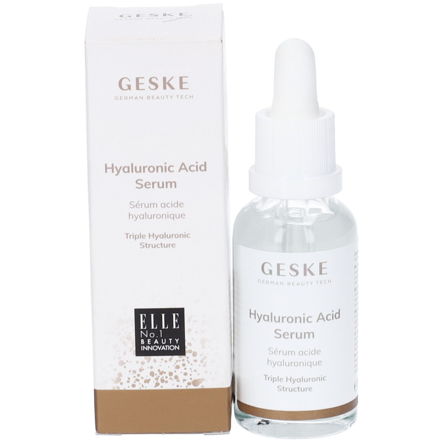 Siero all'acido ialuronico Geske e confezione. Confezione bianca con nome e logo del prodotto. Flacone accanto. Logo ELLE.