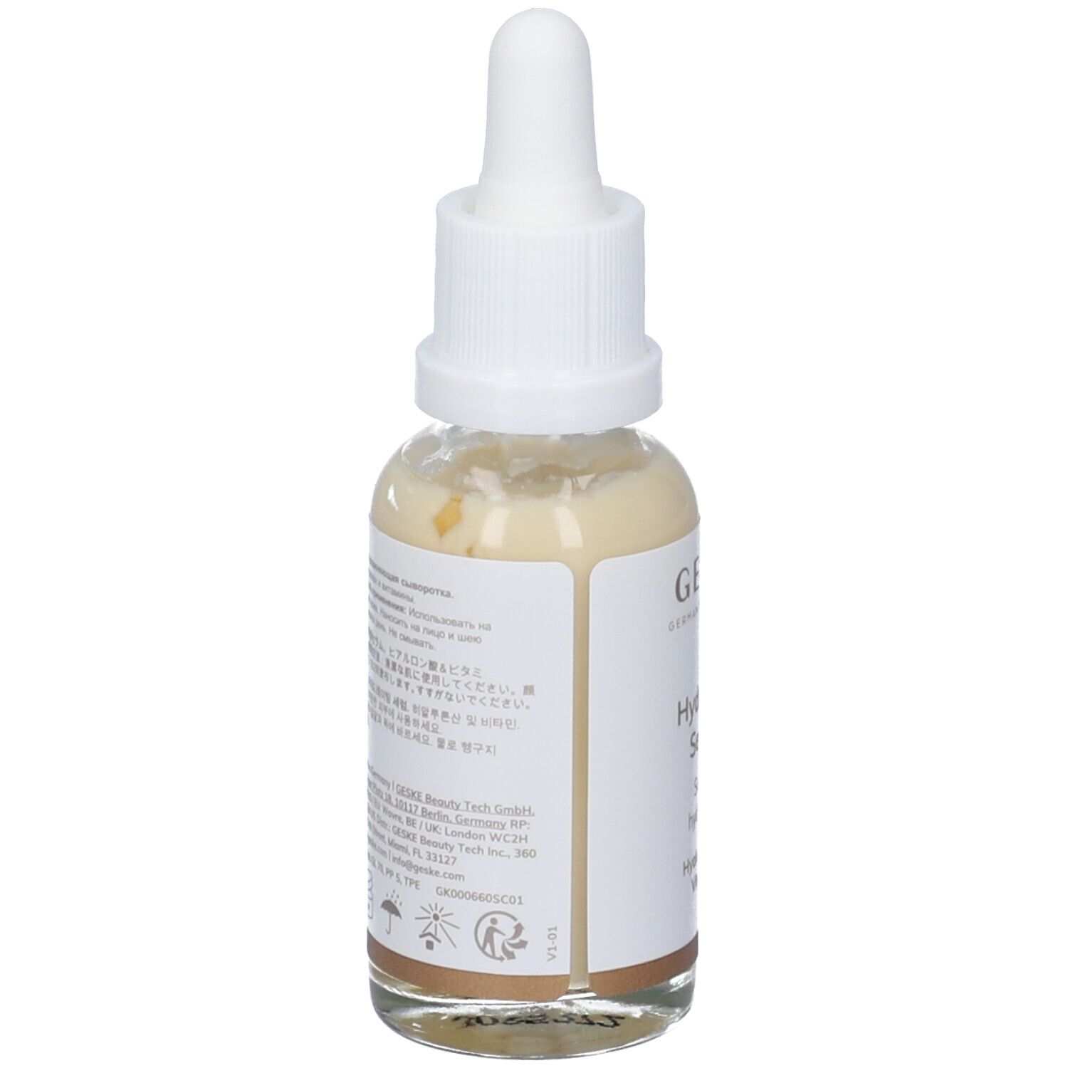 Siero idratante Geske. Vista posteriore del flacone in vetro con tappo bianco e pipetta. Testo multilingue.