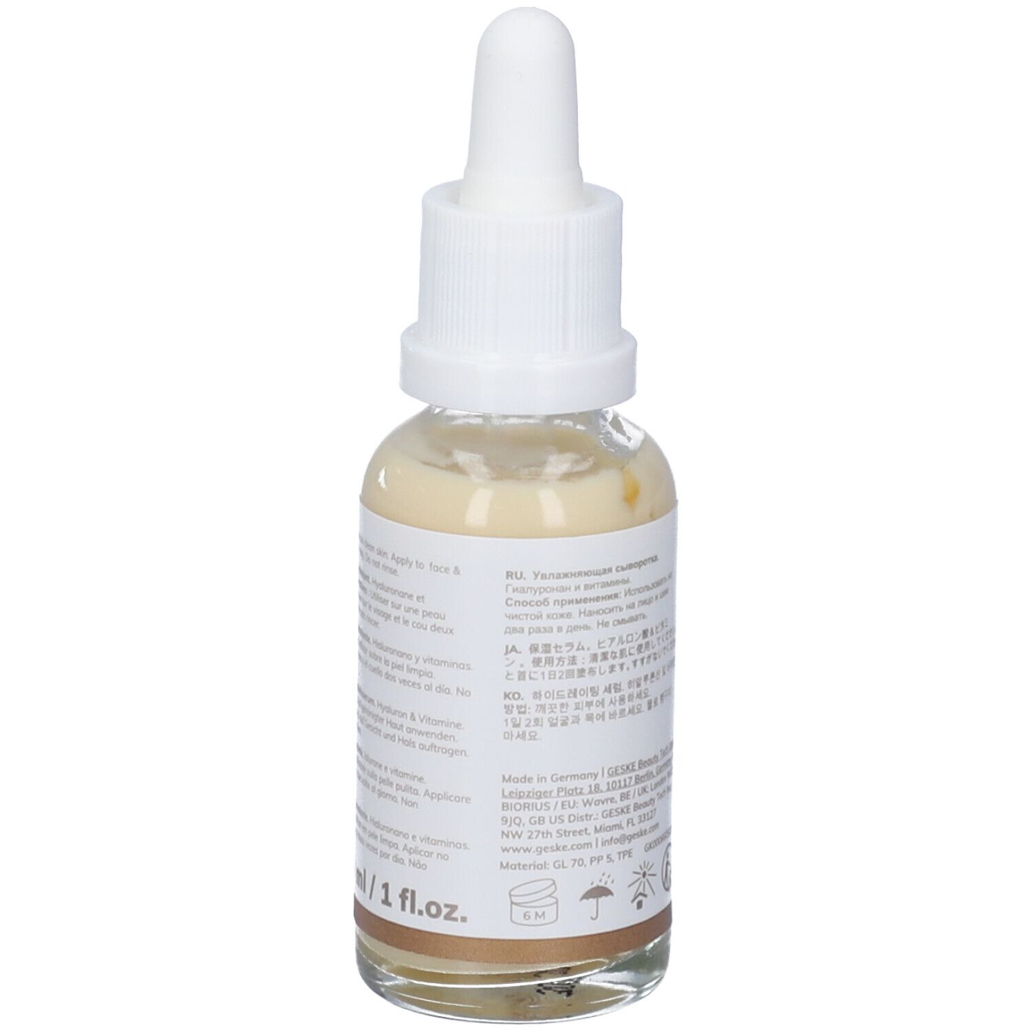 Siero idratante Geske. Vista posteriore del flacone in vetro con tappo bianco e pipetta. Testo multilingue.