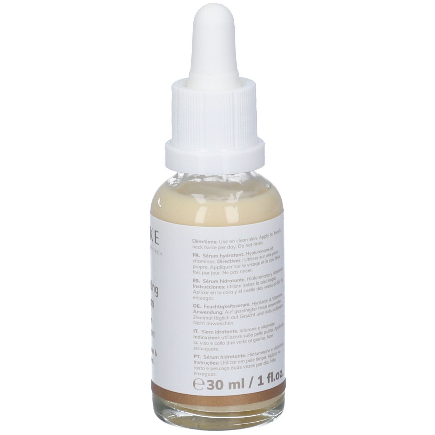 Siero idratante Geske. Flacone in vetro con tappo bianco e pipetta. Scritta: Hydrating Serum, 30 ml / 1 fl.oz.