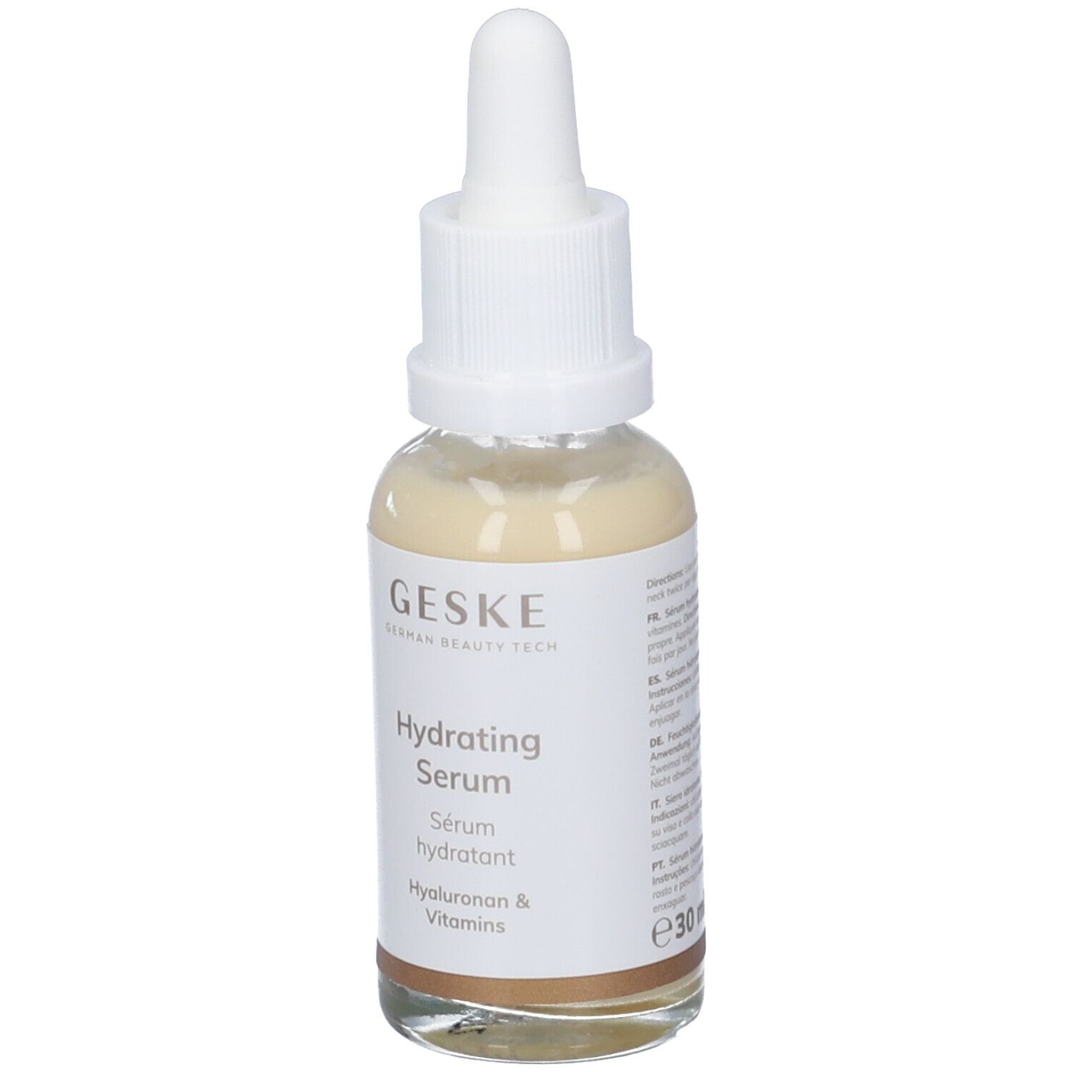 Siero idratante Geske. Flacone in vetro con tappo bianco e pipetta. Scritta: Hydrating Serum, Hyaluronan & Vitamins.