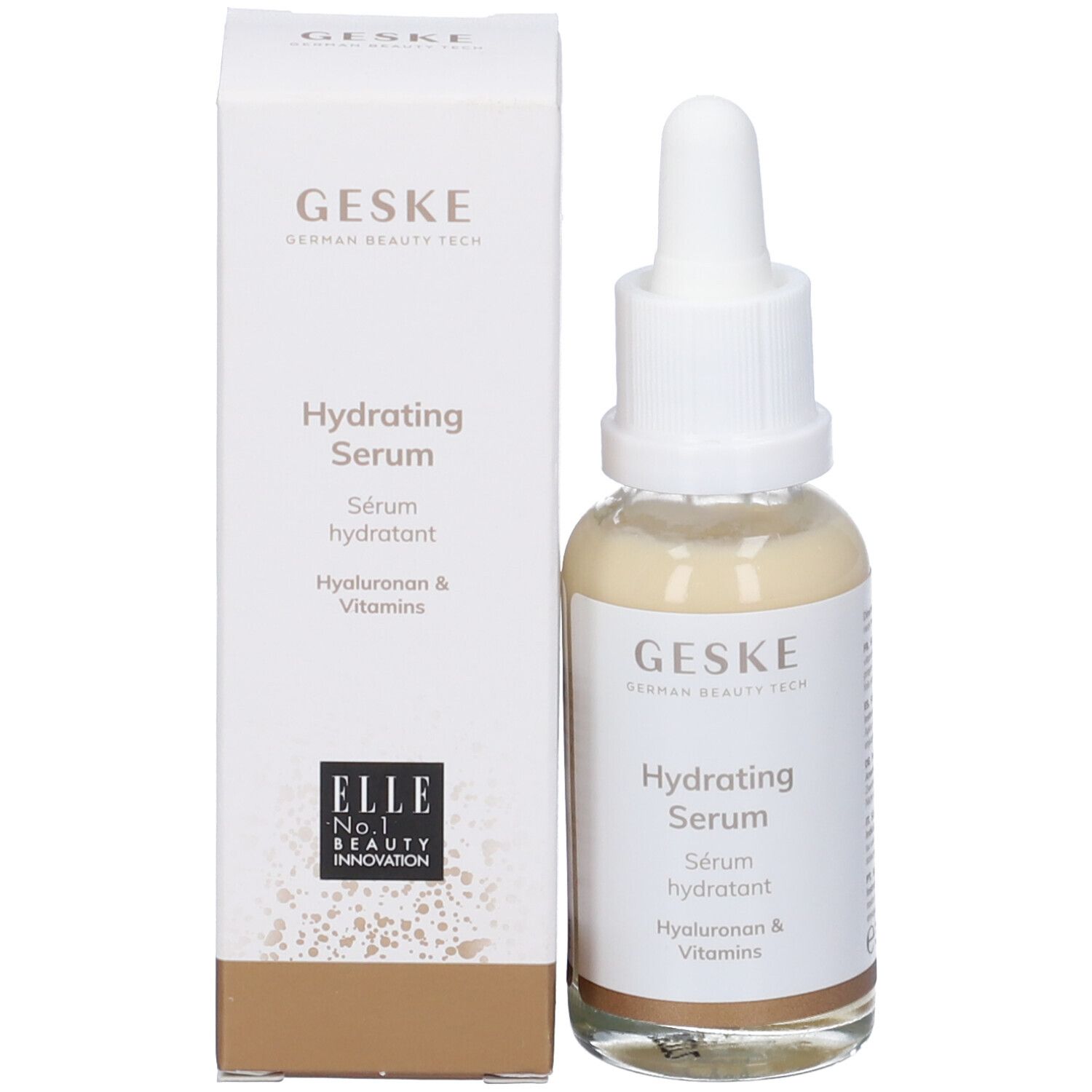 Siero idratante Geske e confezione. Flacone con pipetta e scatola. Scritta: Hydrating Serum, ELLE No.1 BEAUTY INNOVATION.