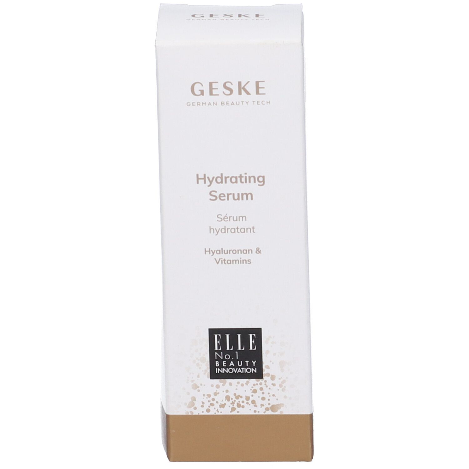 Confezione di siero idratante Geske. Scatola bianca con scritta: Hydrating Serum, ELLE No.1 BEAUTY INNOVATION.