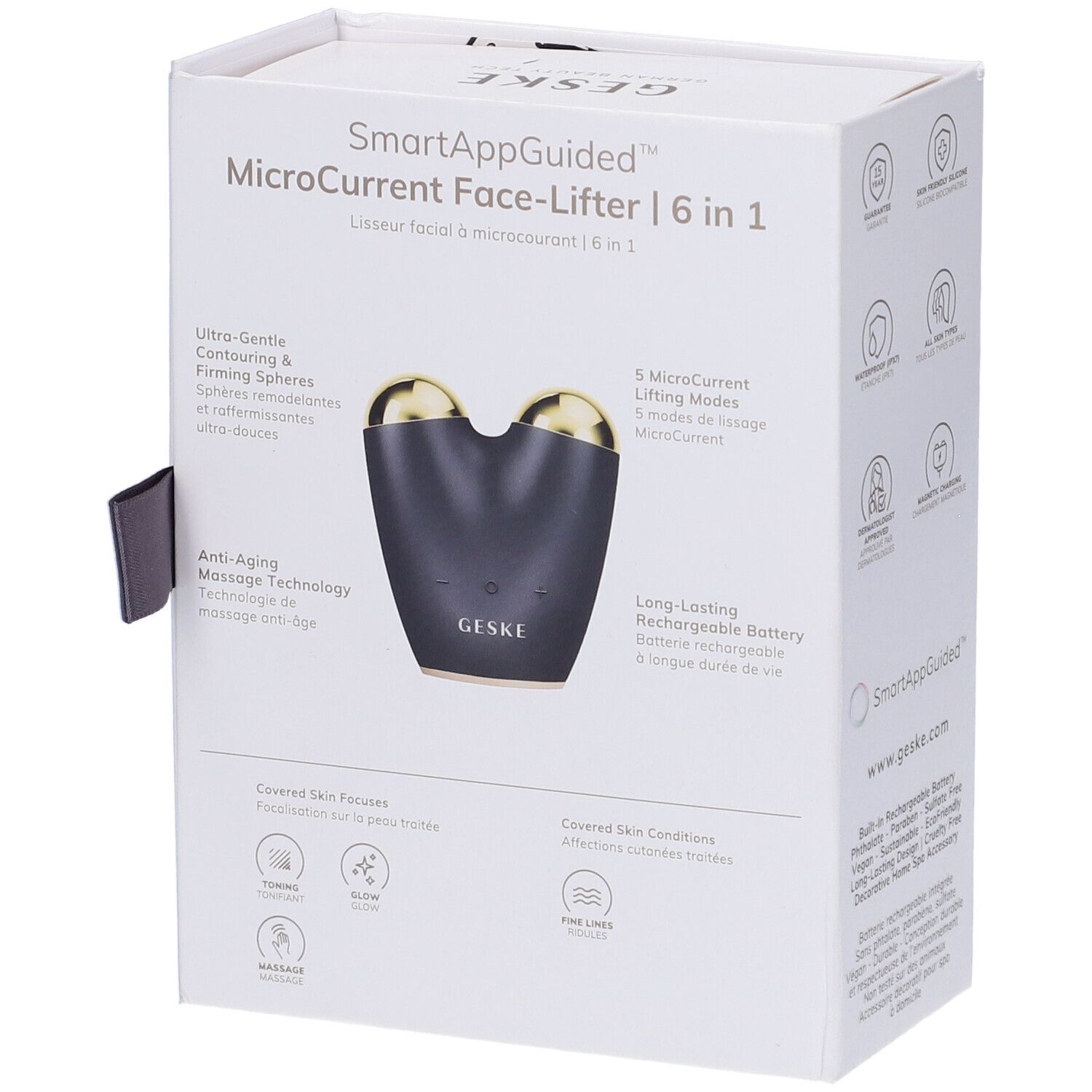 Confezione bianca con il dispositivo. Testo: SmartAppGuided MicroCurrent Face-Lifter. Icone e caratteristiche del prodotto.