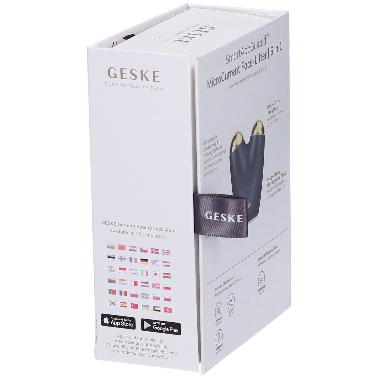 Confezione bianca. Dispositivo parzialmente visibile. Testo: SmartAppGuided MicroCurrent Face-Lifter. Informazioni sull'app.