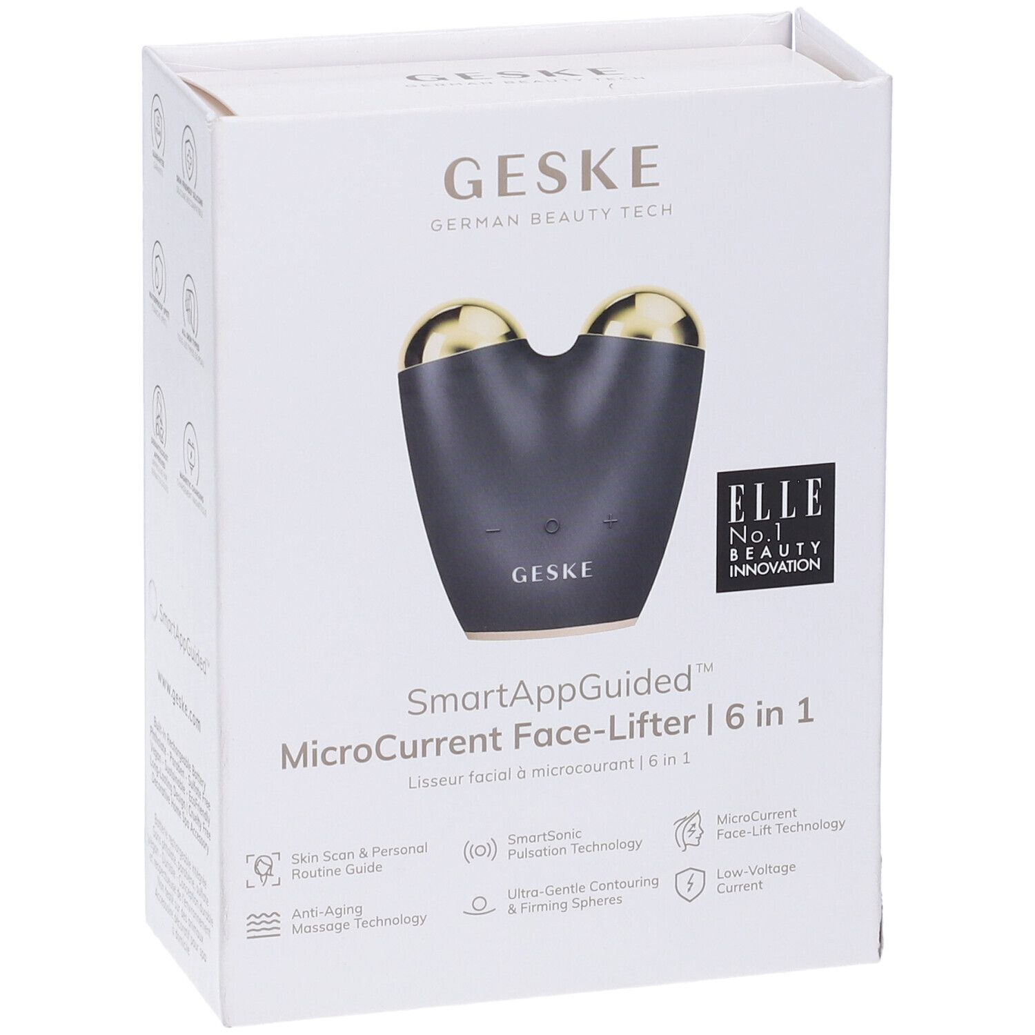 Confezione bianca con il dispositivo. Testo: SmartAppGuided MicroCurrent Face-Lifter. Menzione ELLE.