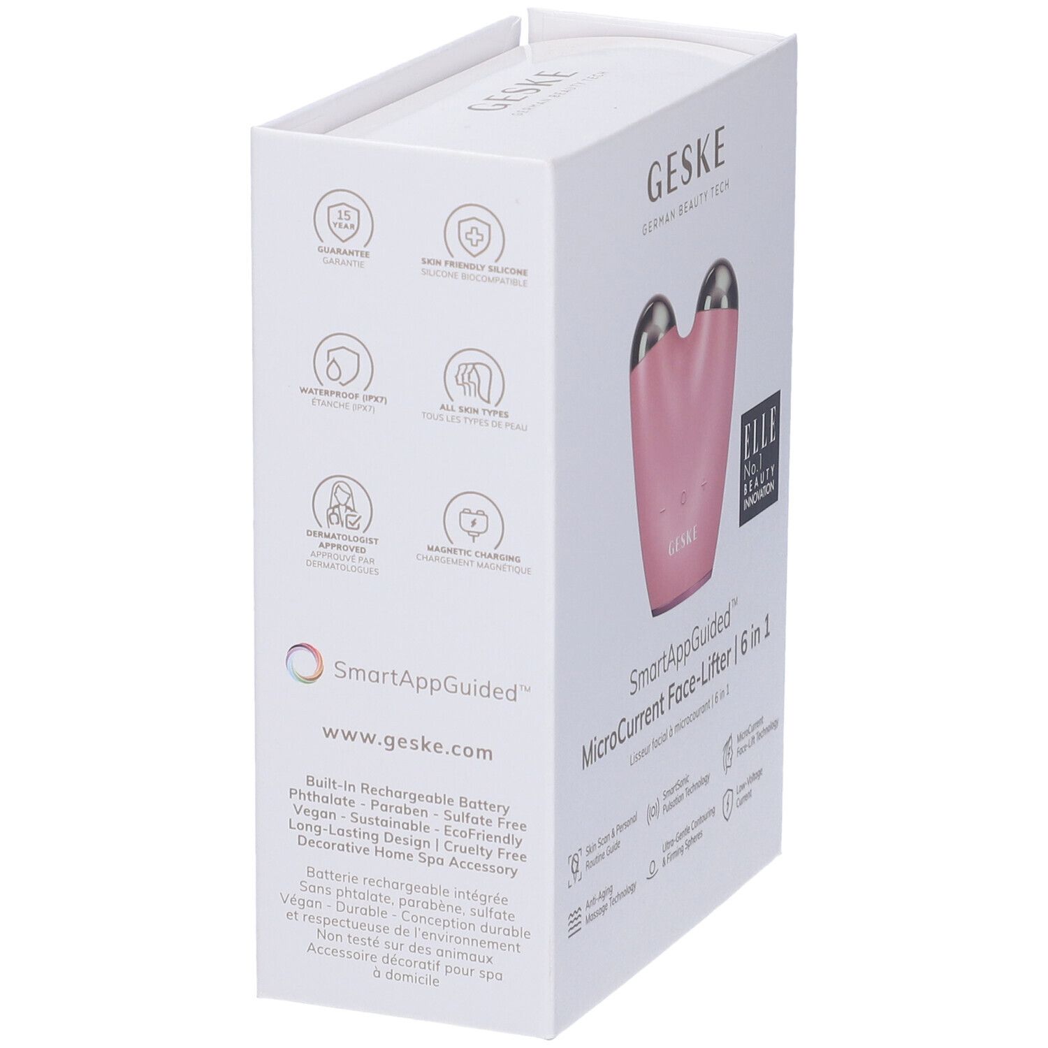 Confezione con MicroCurrent Face-Lifter rosa. Scritte: GESKE, SmartAppGuided, garanzia, vegan, ecc. Vista laterale.
