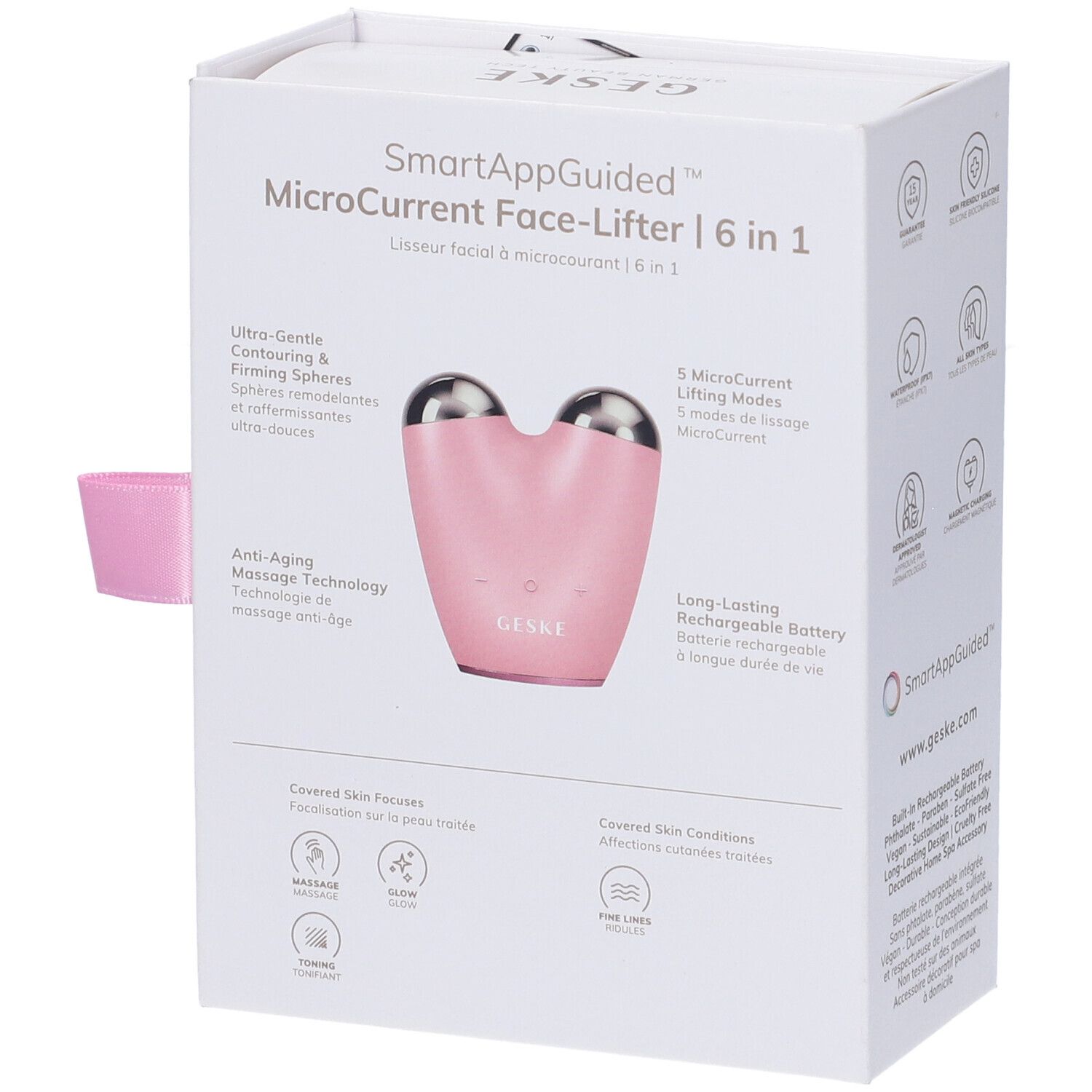 Retro della confezione con MicroCurrent Face-Lifter rosa. Scritte: GESKE, SmartAppGuided, funzioni, ecc. Fiocco rosa.