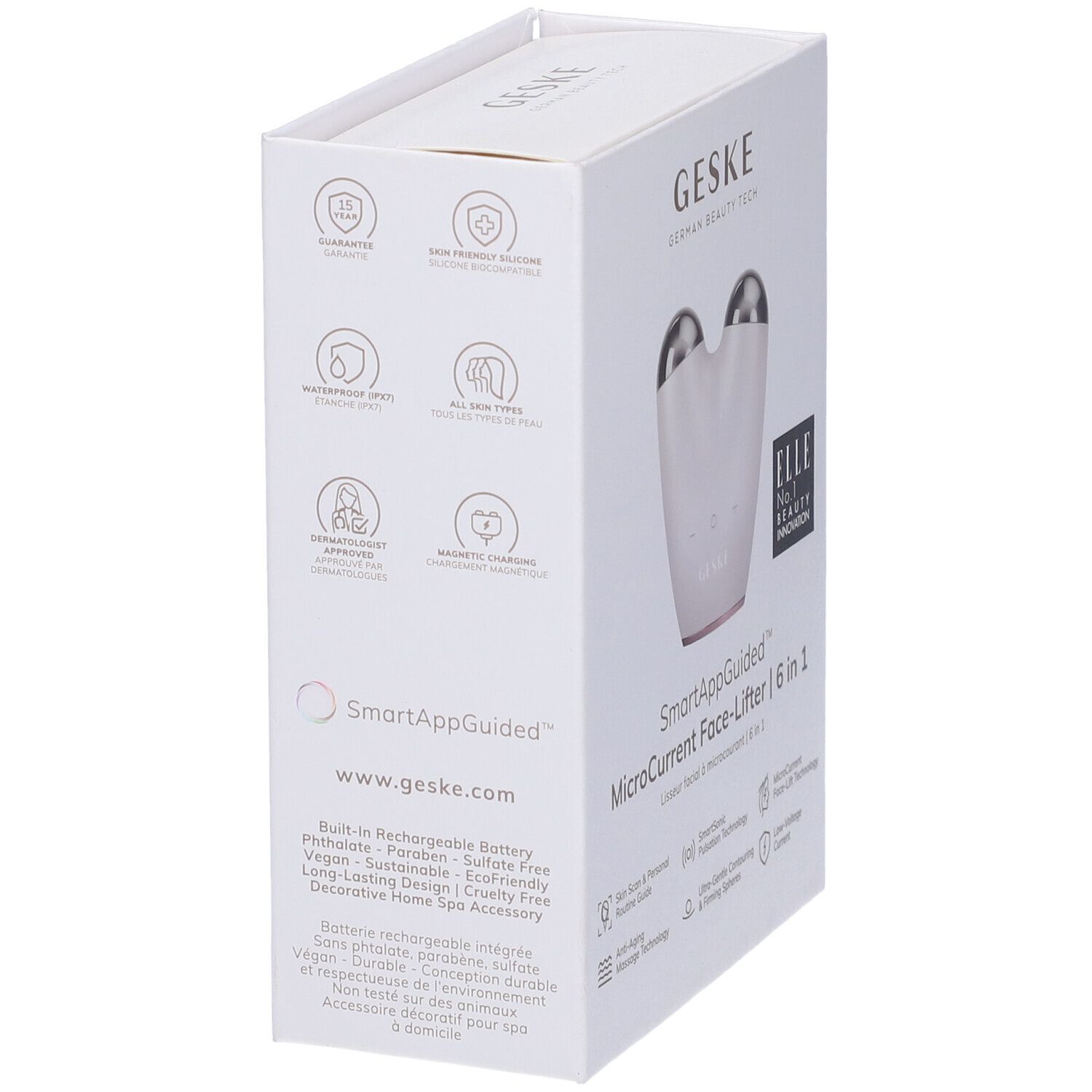 Confezione bianca, vista laterale. Testo: GESKE, SmartAppGuided. Loghi di certificazioni e funzioni.