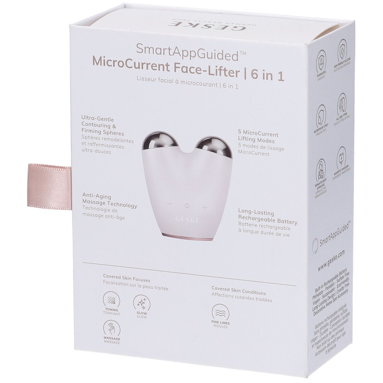 Confezione bianca, retro. Testo: GESKE, SmartAppGuided MicroCurrent Face-Lifter | 6 in 1. Funzioni.