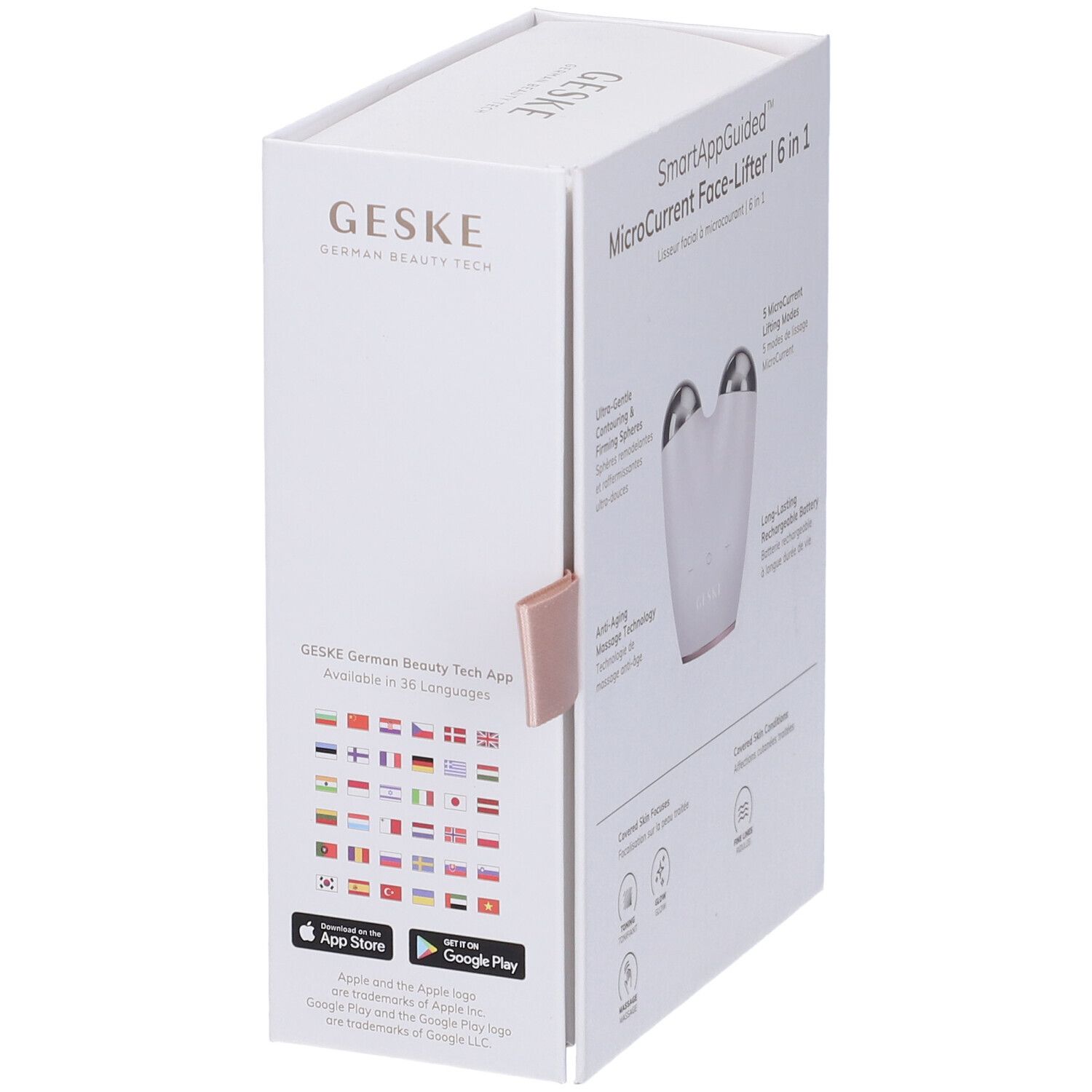 Confezione bianca, vista laterale. Testo: GESKE, SmartAppGuided. Istruzioni per il download dell'app.