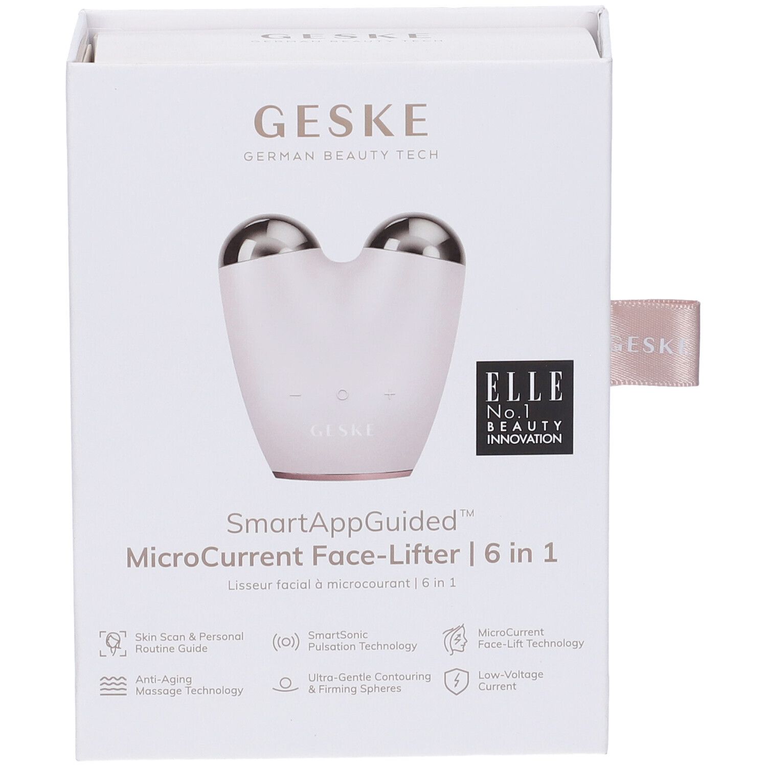 Confezione bianca con dispositivo. Testo: GESKE, SmartAppGuided MicroCurrent Face-Lifter | 6 in 1. Logo ELLE.