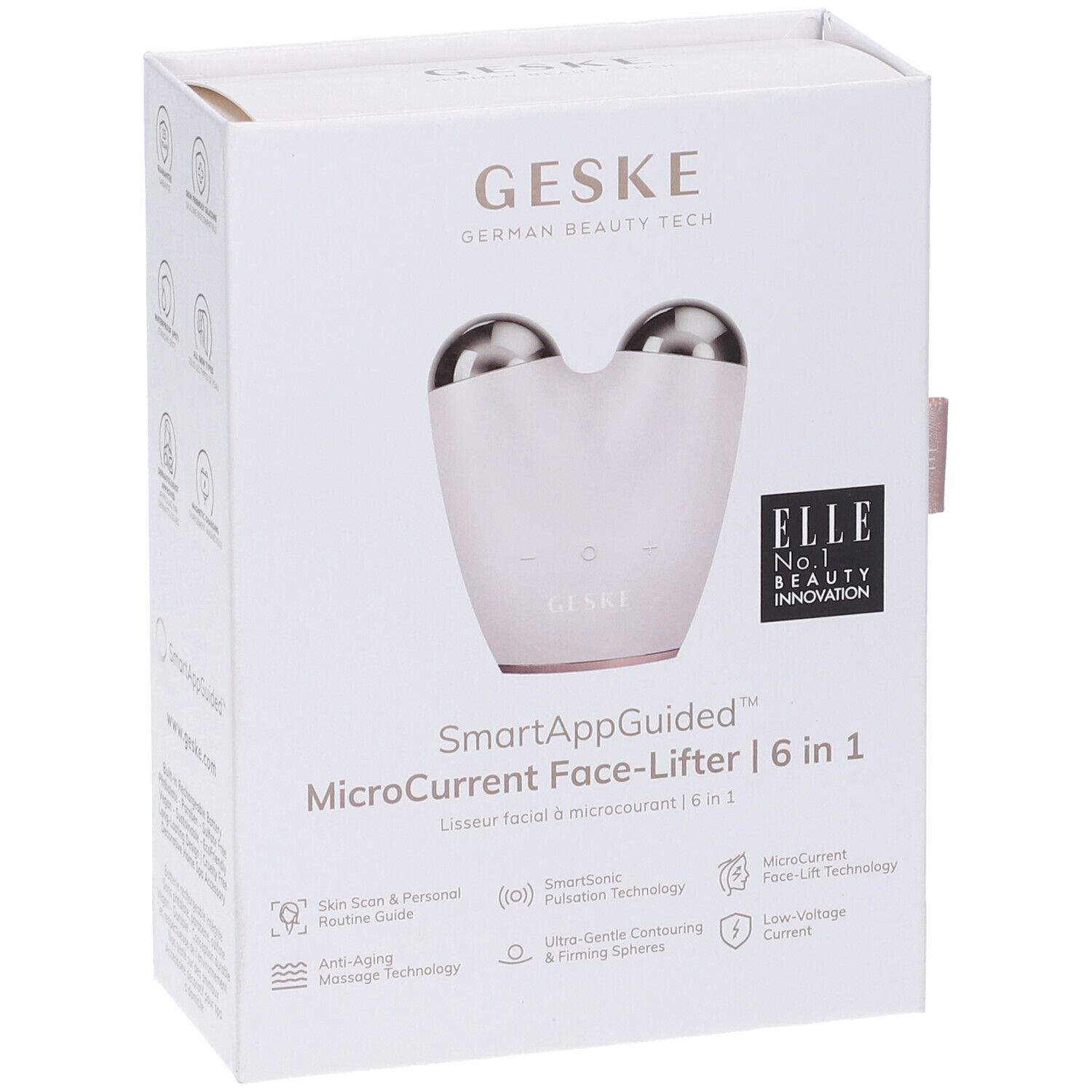 Confezione bianca con dispositivo. Testo: GESKE, SmartAppGuided MicroCurrent Face-Lifter | 6 in 1. Logo ELLE.