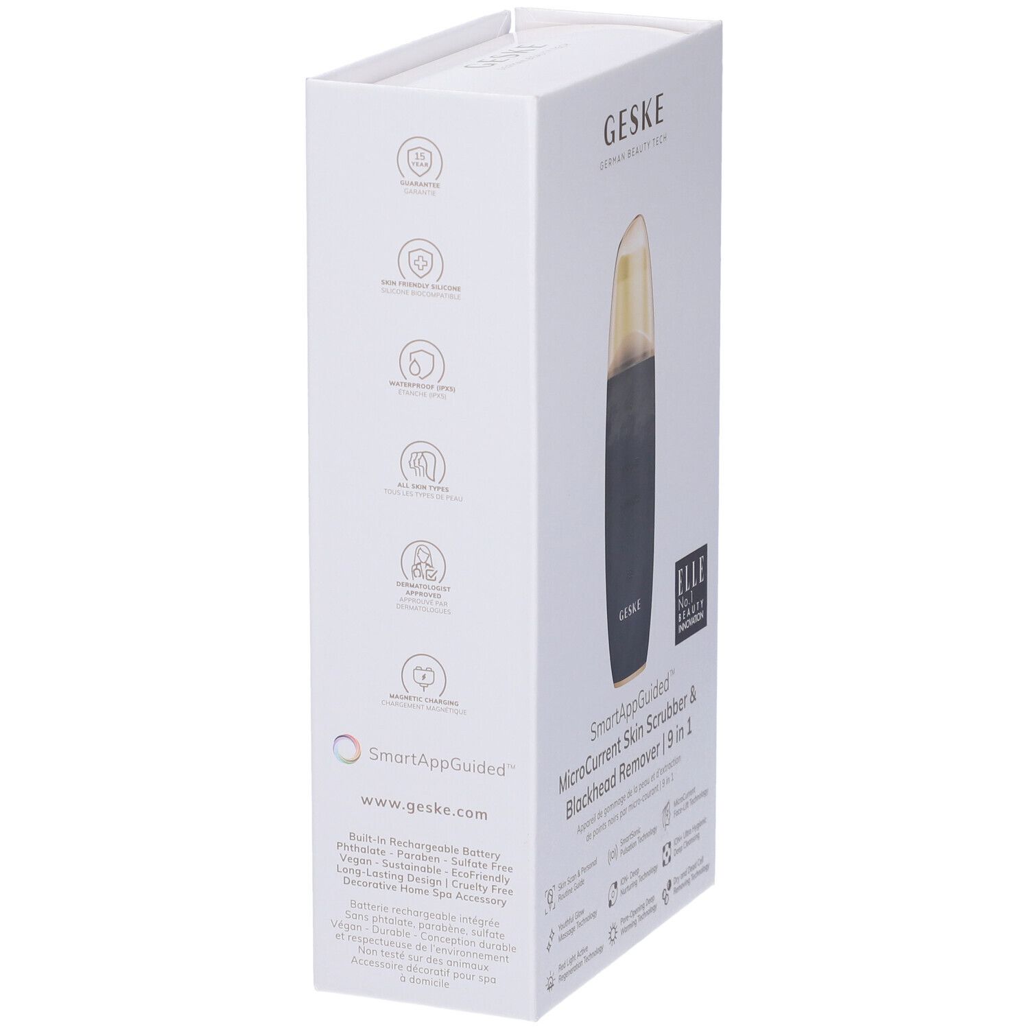 Confezione bianca GESKE. Prodotto: SmartAppGuided MicroCurrent Skin Scrubber & Blackhead Remover 9 in 1. Logo ELLE. Dispositivo nero/oro.