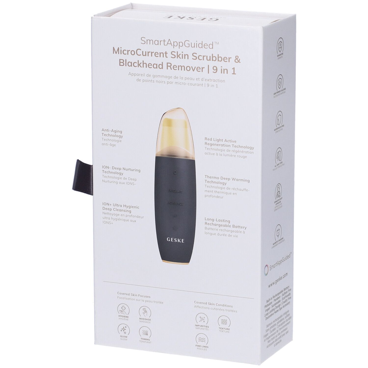 Confezione bianca GESKE. Prodotto: SmartAppGuided MicroCurrent Skin Scrubber & Blackhead Remover 9 in 1. Logo ELLE. Dispositivo nero/oro.