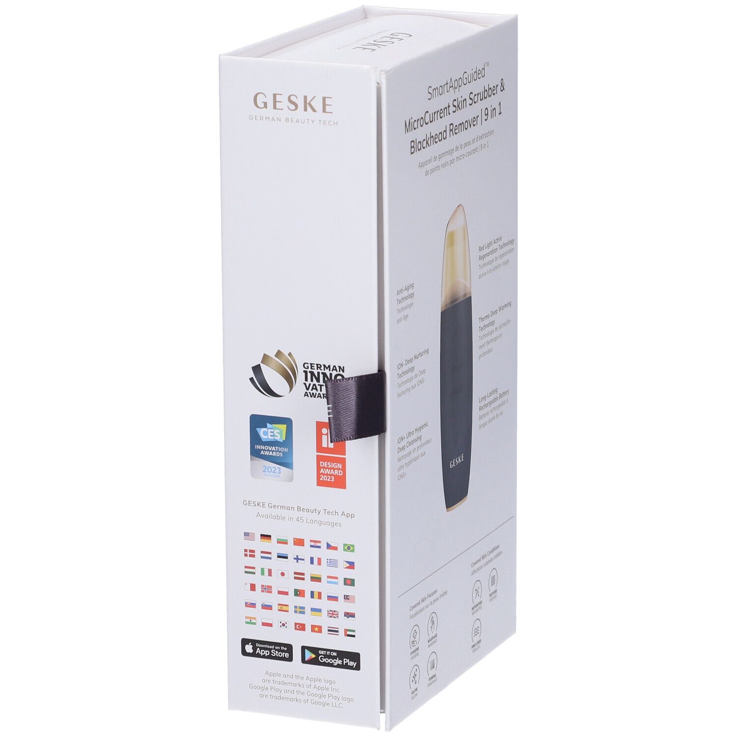 Confezione bianca GESKE. Prodotto: SmartAppGuided MicroCurrent Skin Scrubber & Blackhead Remover 9 in 1. Logo ELLE. Dispositivo nero/oro.