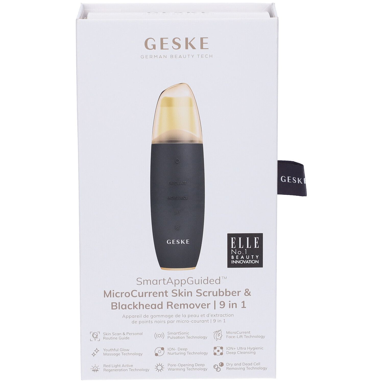 Confezione bianca GESKE. Prodotto: SmartAppGuided MicroCurrent Skin Scrubber & Blackhead Remover 9 in 1. Logo ELLE. Dispositivo nero/oro.