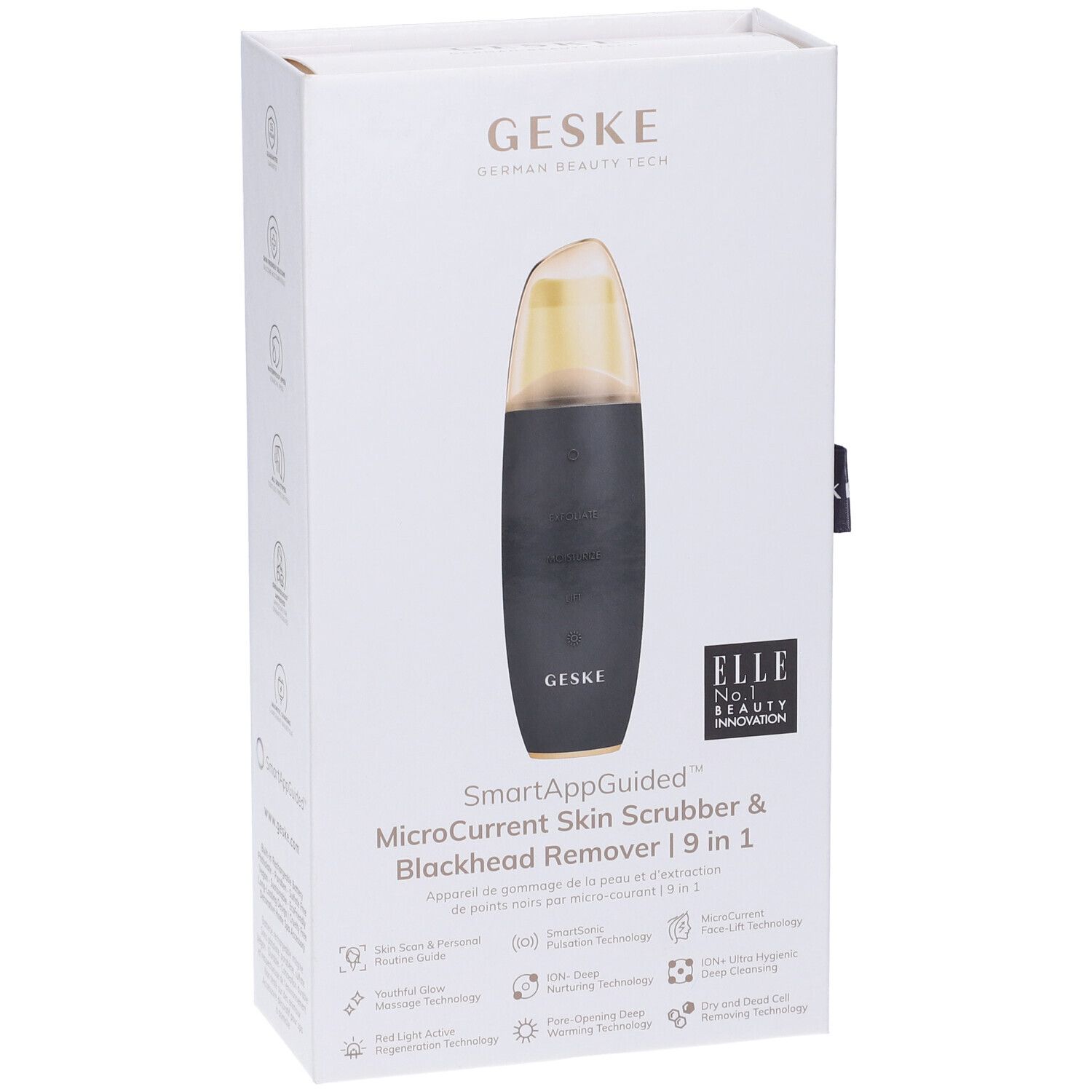 Confezione bianca GESKE. Prodotto: SmartAppGuided MicroCurrent Skin Scrubber & Blackhead Remover 9 in 1. Logo ELLE. Dispositivo nero/oro.