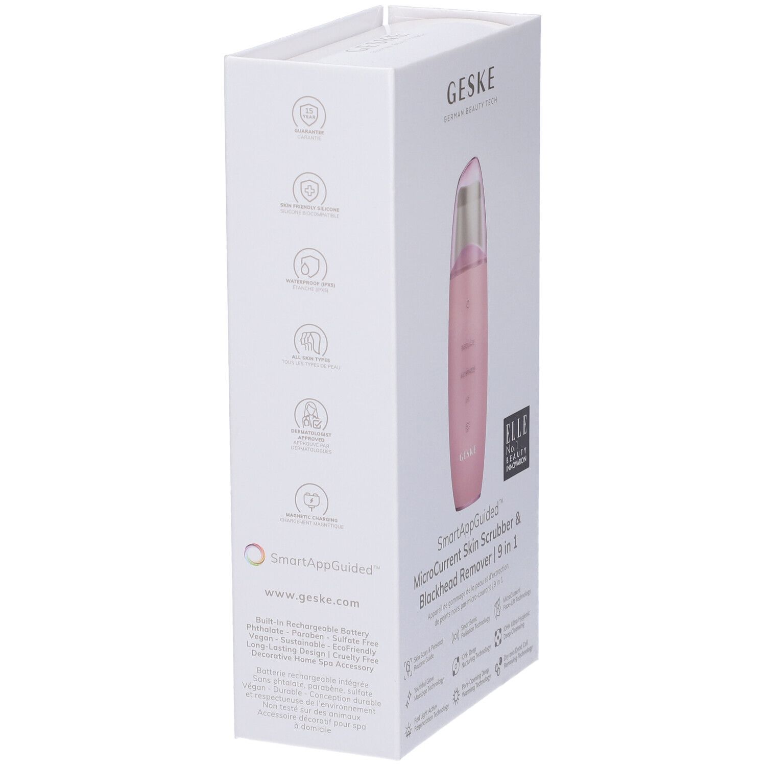 Confezione del GESKE MicroCurrent Skin Scrubber & Blackhead Remover. Nome e logo visibili. Dettagli laterali.