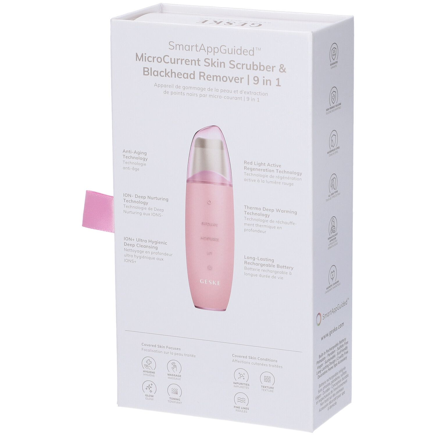 Confezione del GESKE MicroCurrent Skin Scrubber & Blackhead Remover. Nome e logo visibili. Dettagli sul retro.