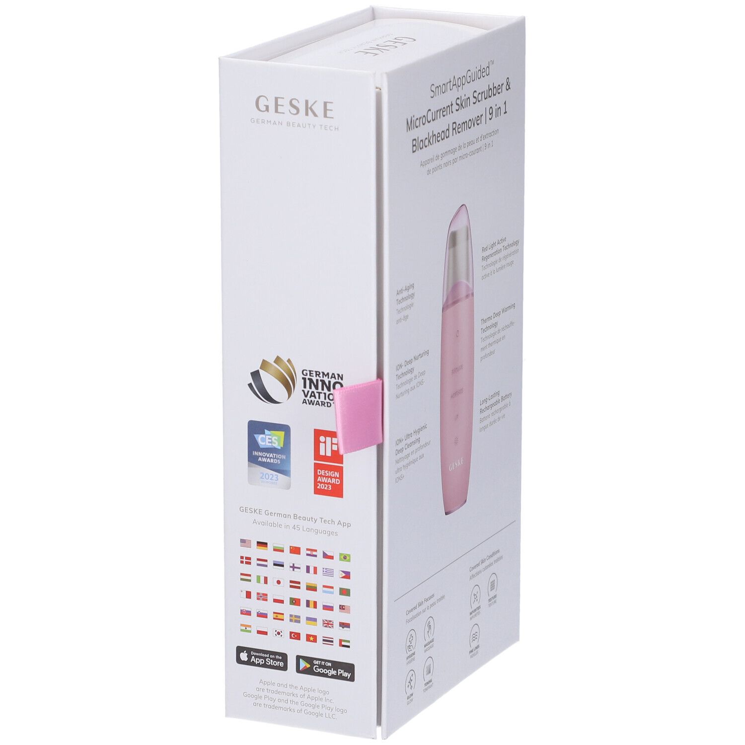 Confezione del GESKE MicroCurrent Skin Scrubber & Blackhead Remover. Nome e logo visibili. Riconoscimenti.